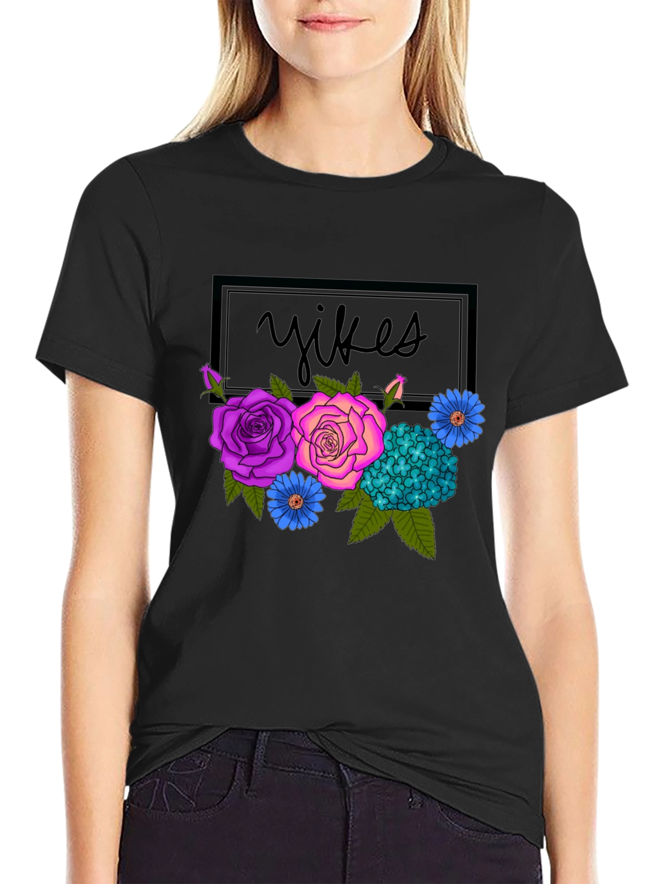 Black Floral Yikes Graphic Tee - Trendy & Unique! view 2