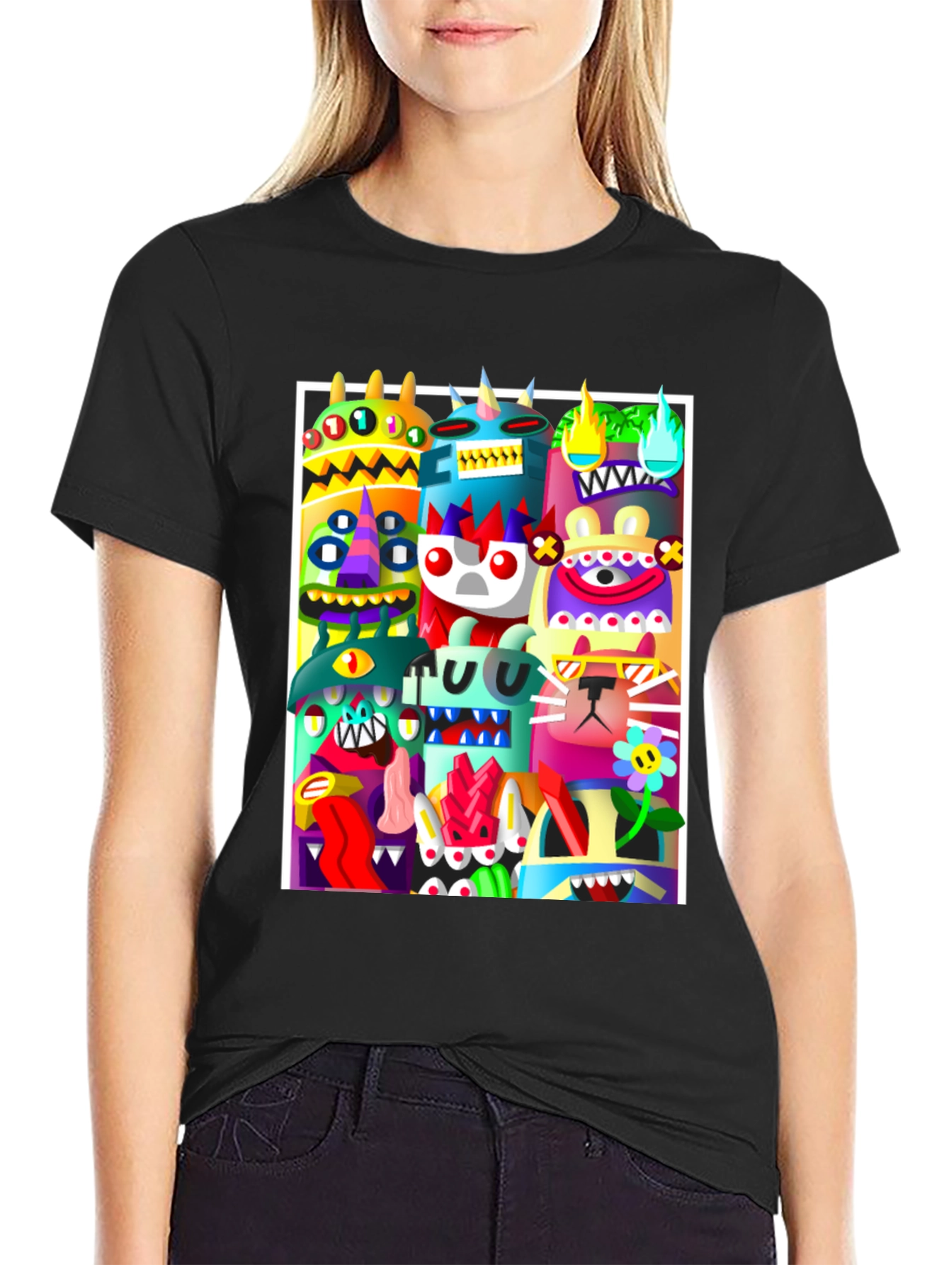 Black Colorful Cartoon Monster Graphic Print Black T-Shirt view 2