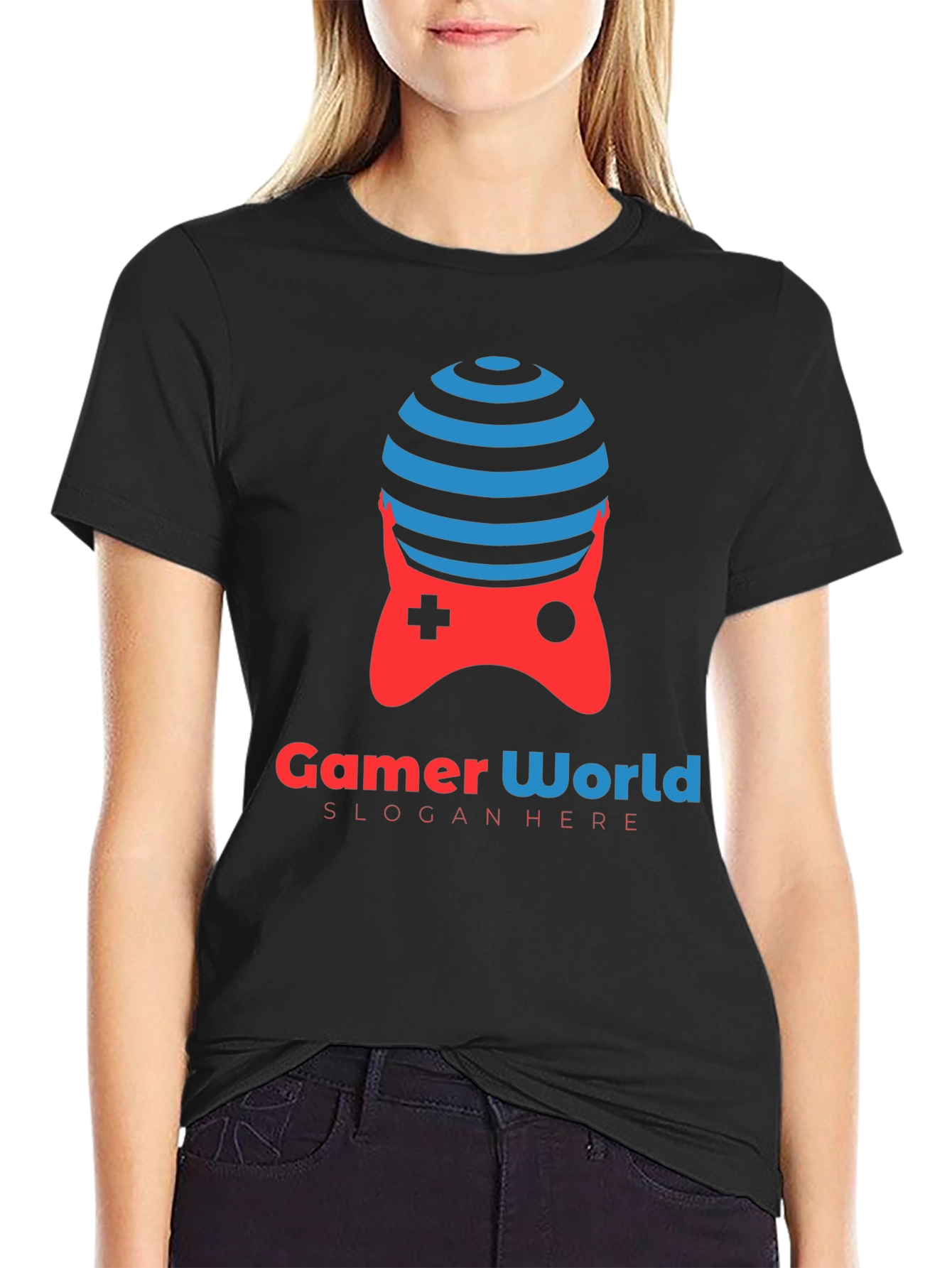 Black Gamer World Black T-Shirt | Unique Gaming Controller Design view 2