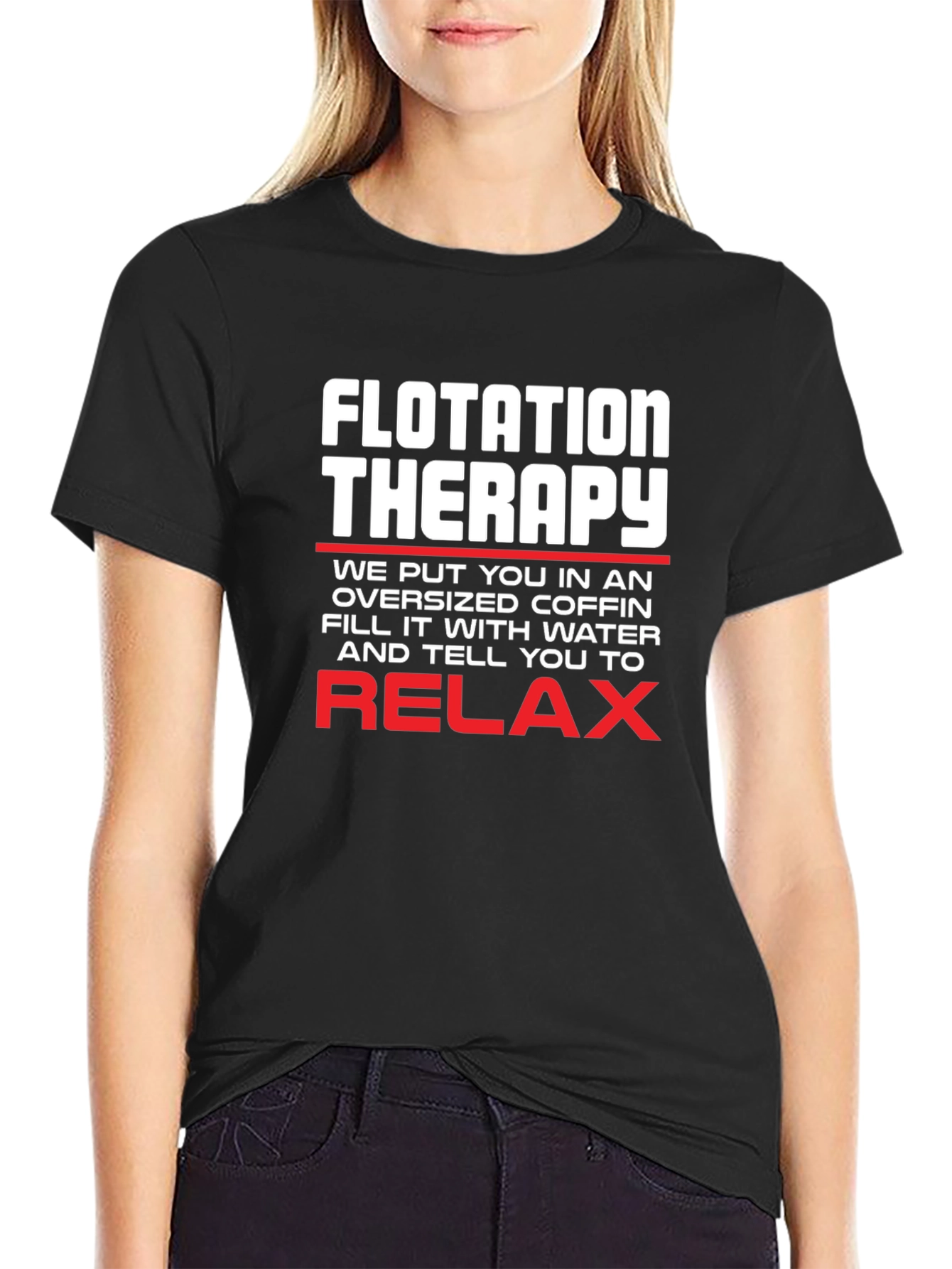 Black Flotation Therapy T-Shirt Funny Oversized Coffin Relax Tee view 2
