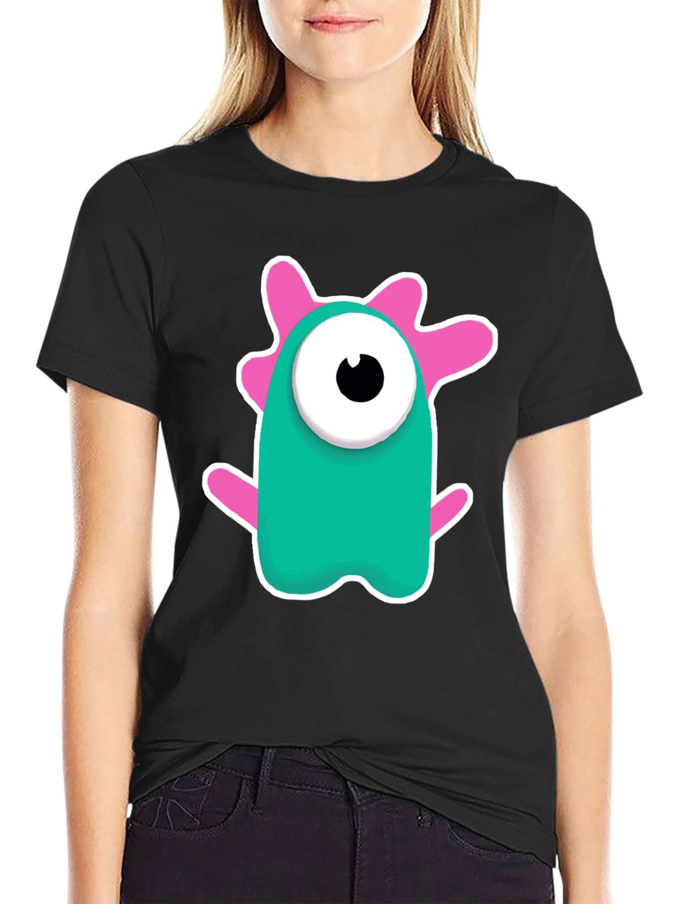 Black Cute Monster Graphic Tee - Black Cotton Blend Shirt view 2