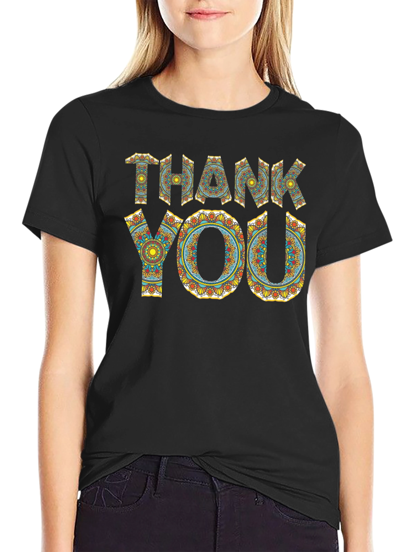 Black Thank You Graphic Tee - Mandala Pattern Shirt view 2
