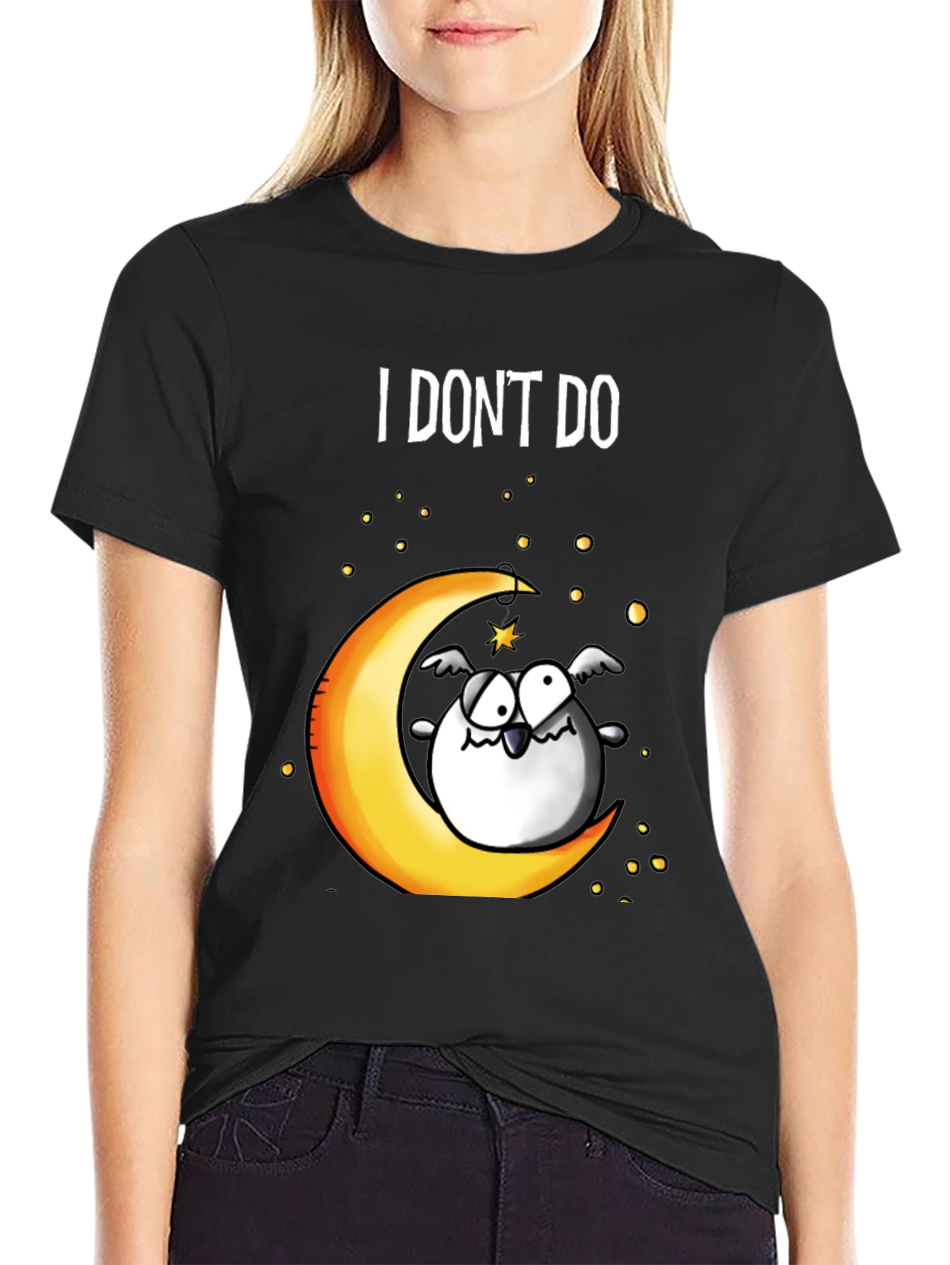 Black Funny I DON'T DO Mornings Owl on Moon T-Shirt view 2