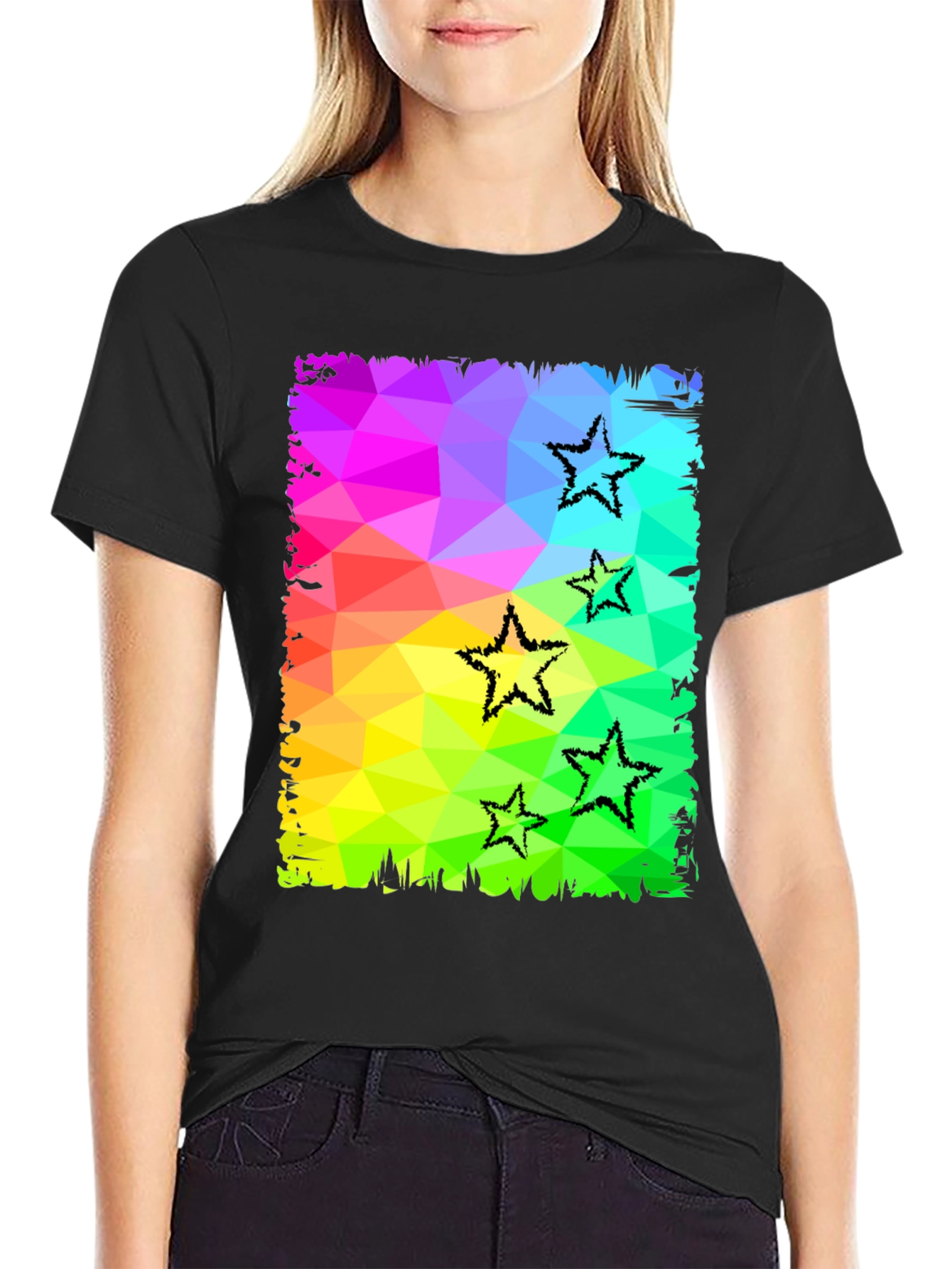 Black Geometric Star Print Black T-Shirt view 2
