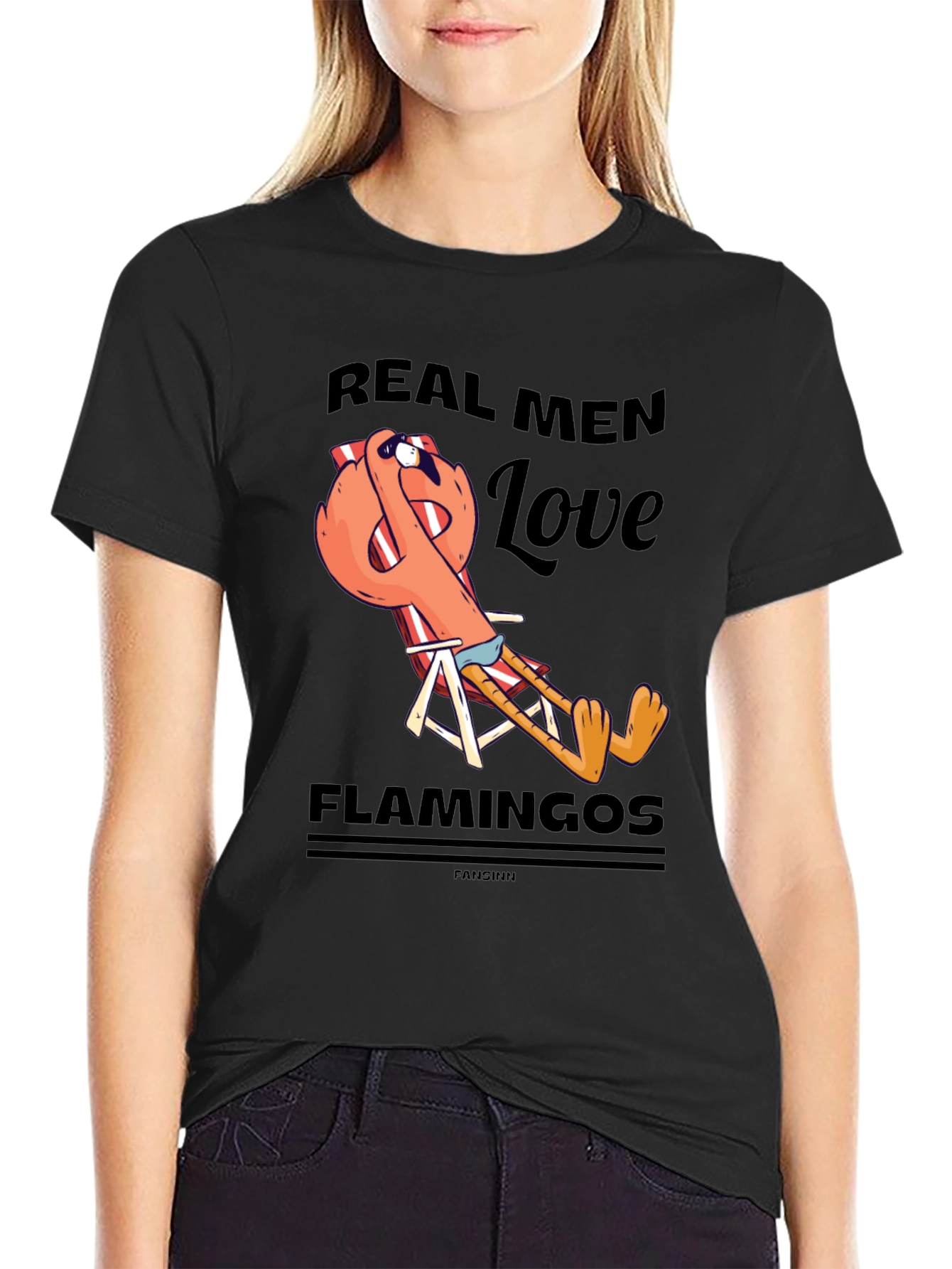 Black Real Men Love Flamingos T-Shirt view 2