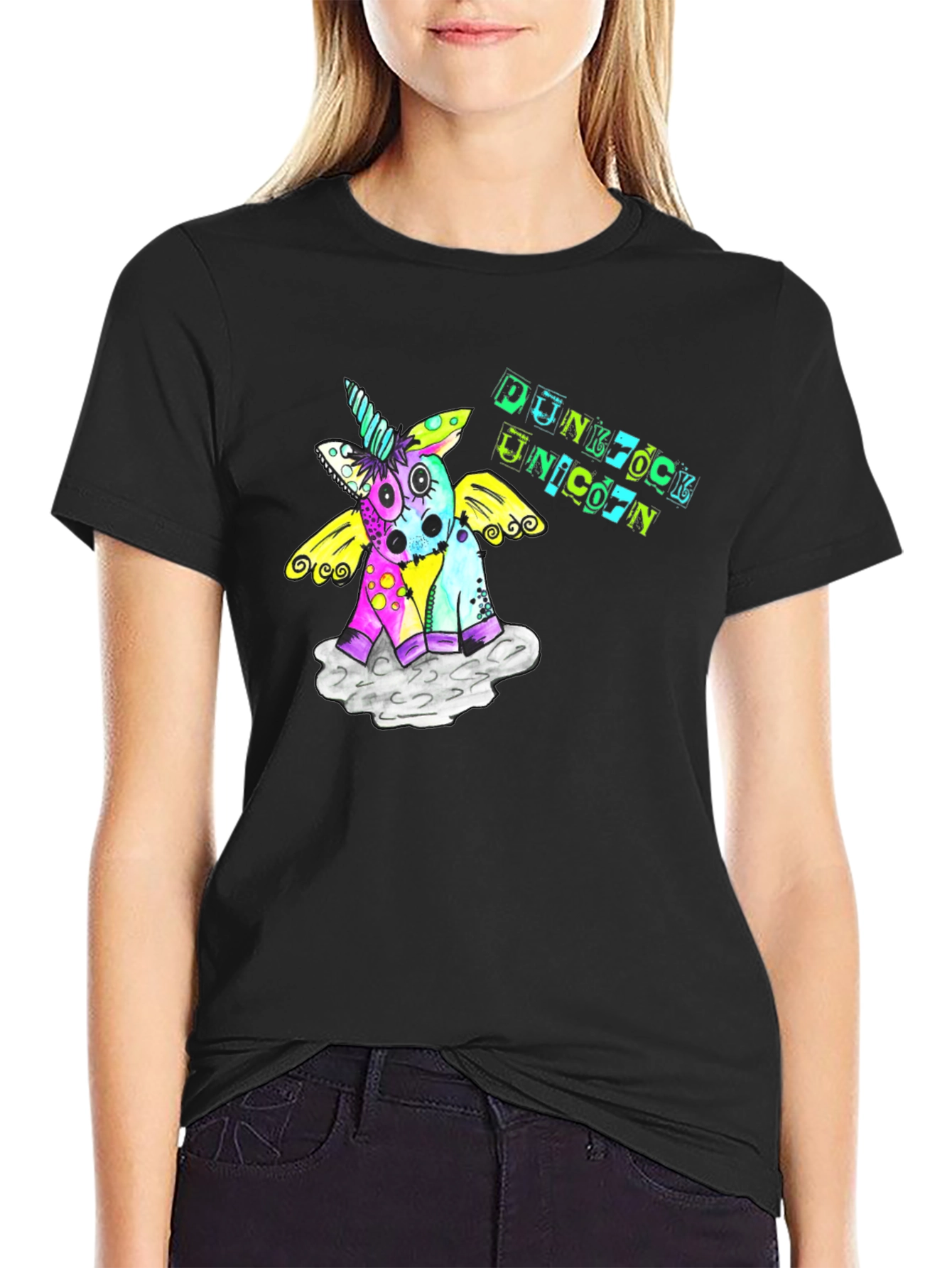 Black Punk Rock Unicorn Graphic Black T-Shirt view 2