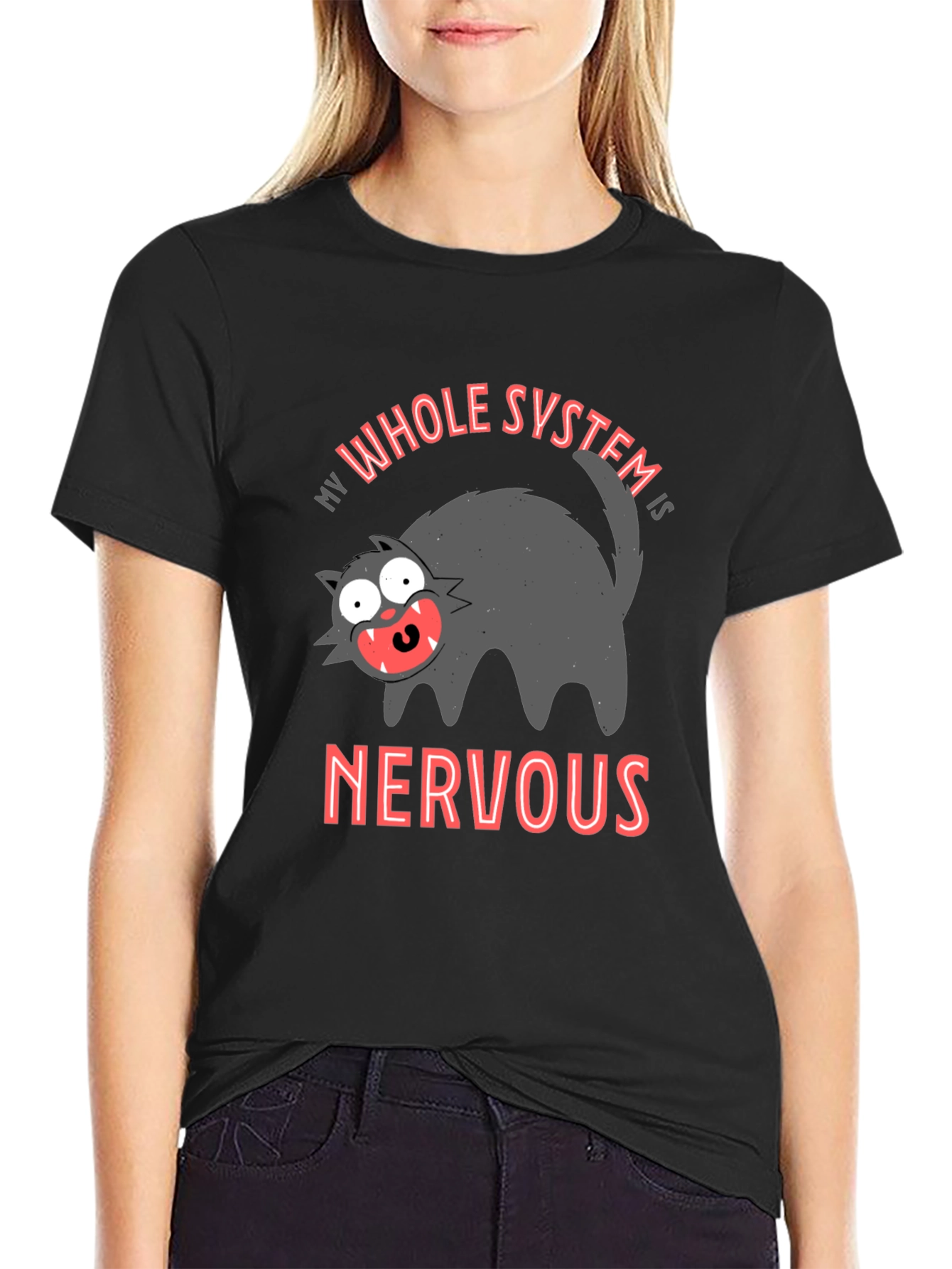 Black Nervous System Black T-Shirt - Funny Cat Graphic Tee view 2