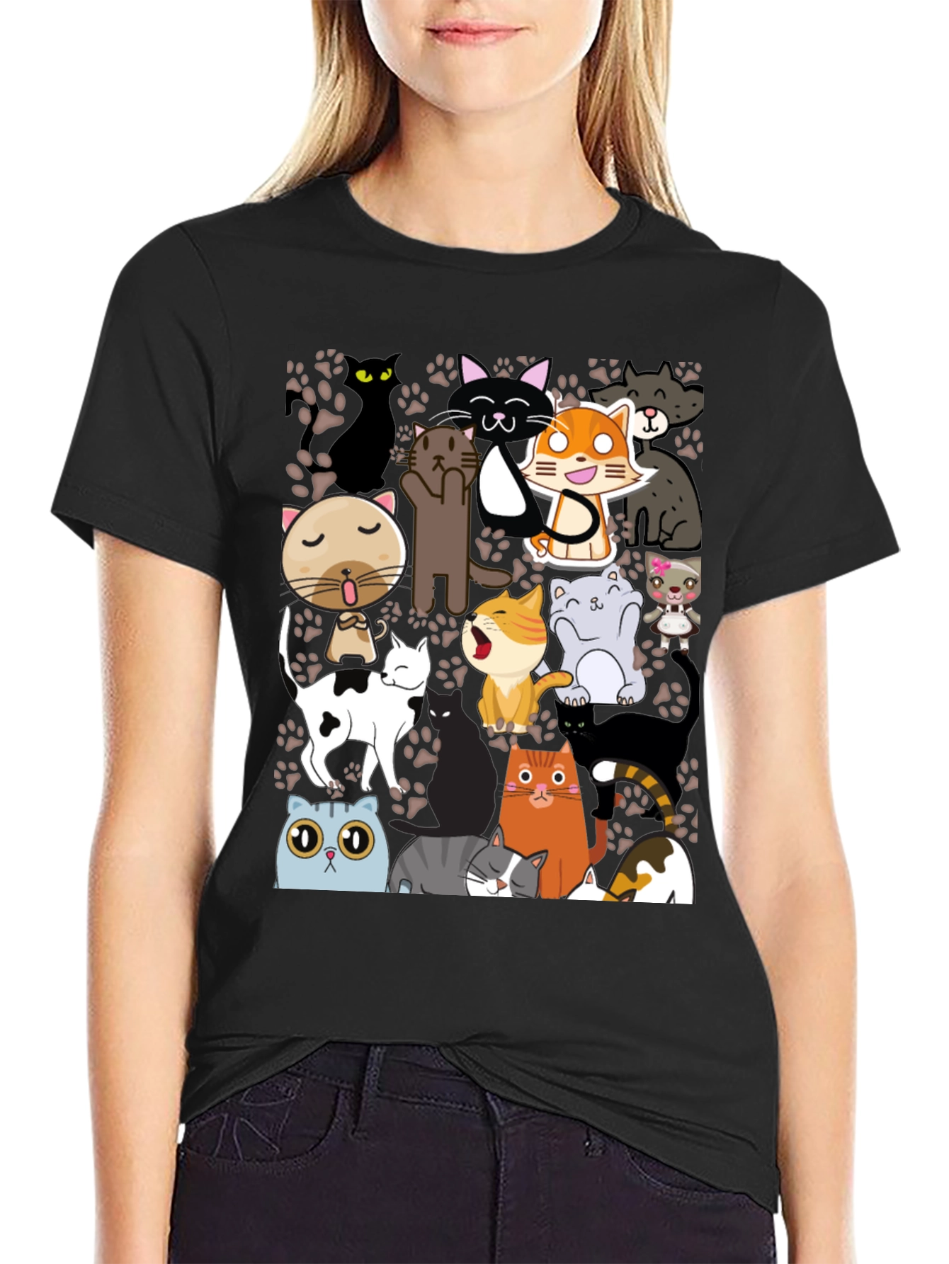 Black Cartoon Cats Graphic T-Shirt view 2