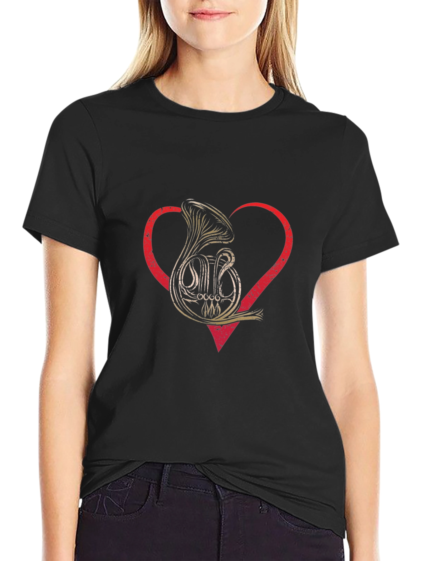 Black French Horn Heart T-Shirt Music Lover Tee view 2