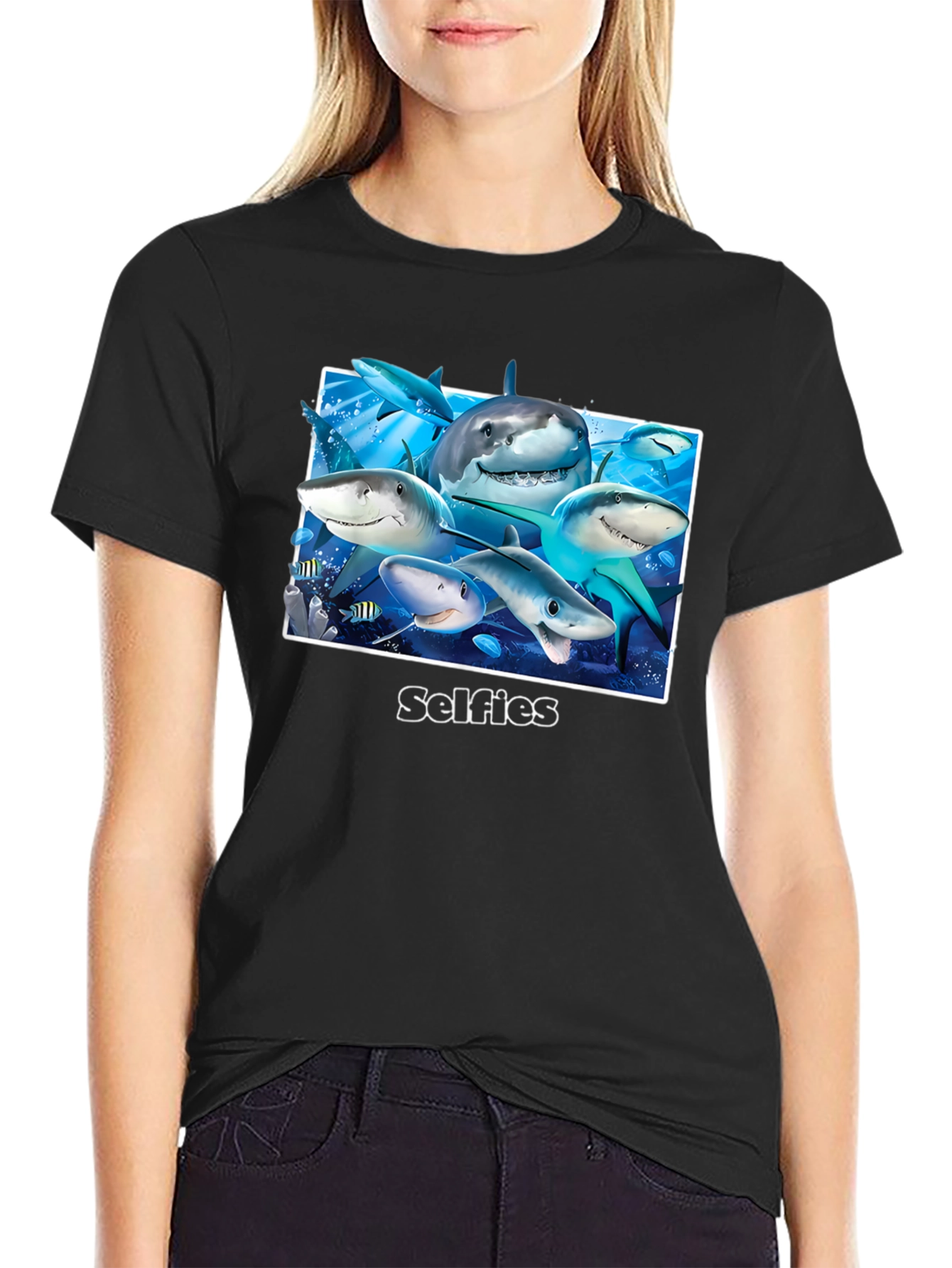 Black Shark Selfies Graphic T-Shirt - Unique Ocean Humor Tee view 2