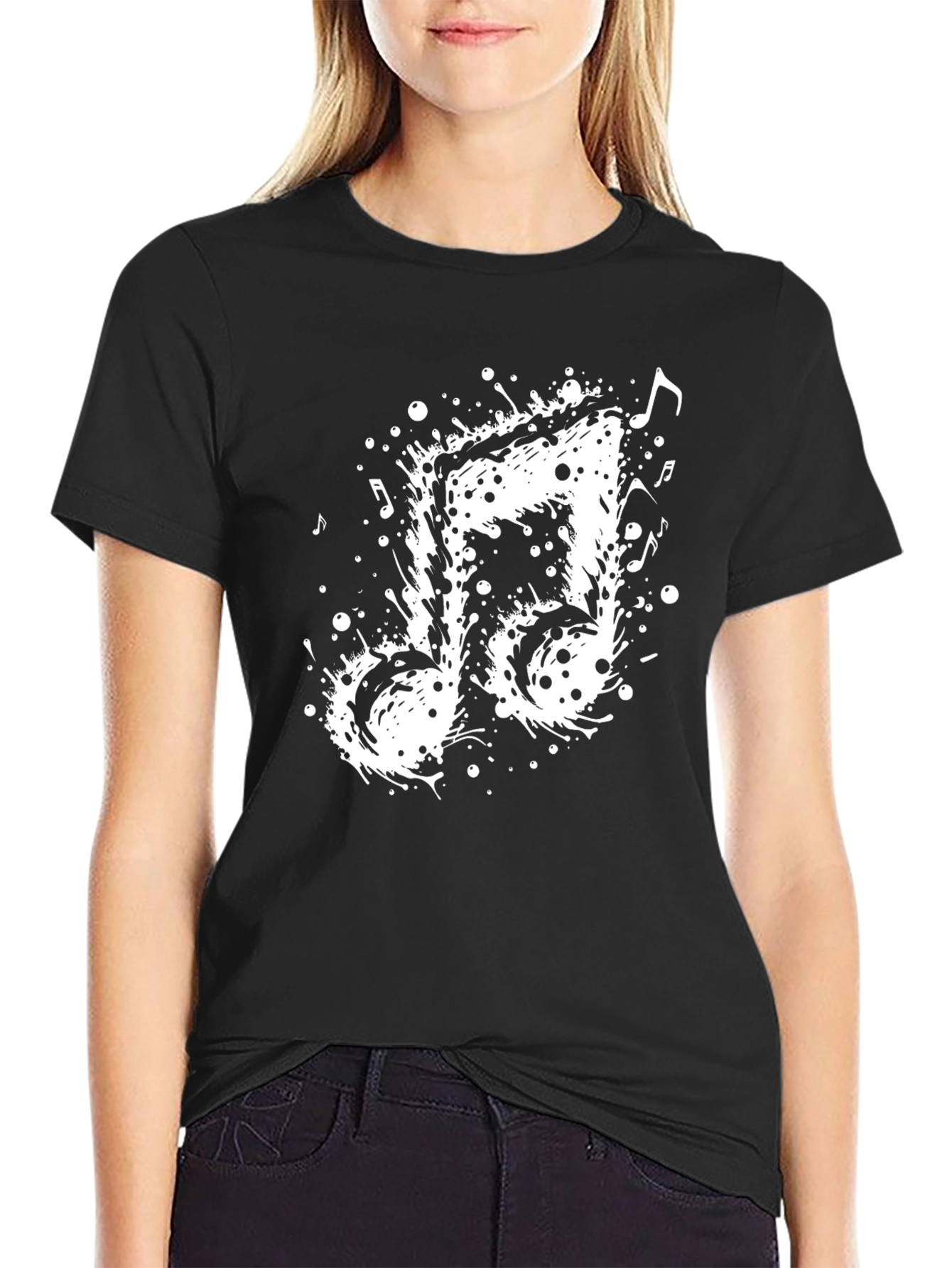 Black Musical Note Splatter Graphic Tee - Black Cotton view 2