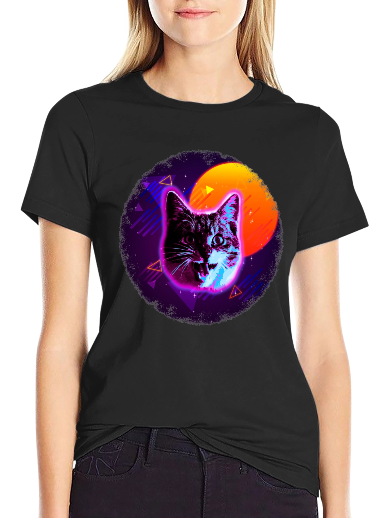 Black Retro Cat T-Shirt - Vaporwave Style view 2