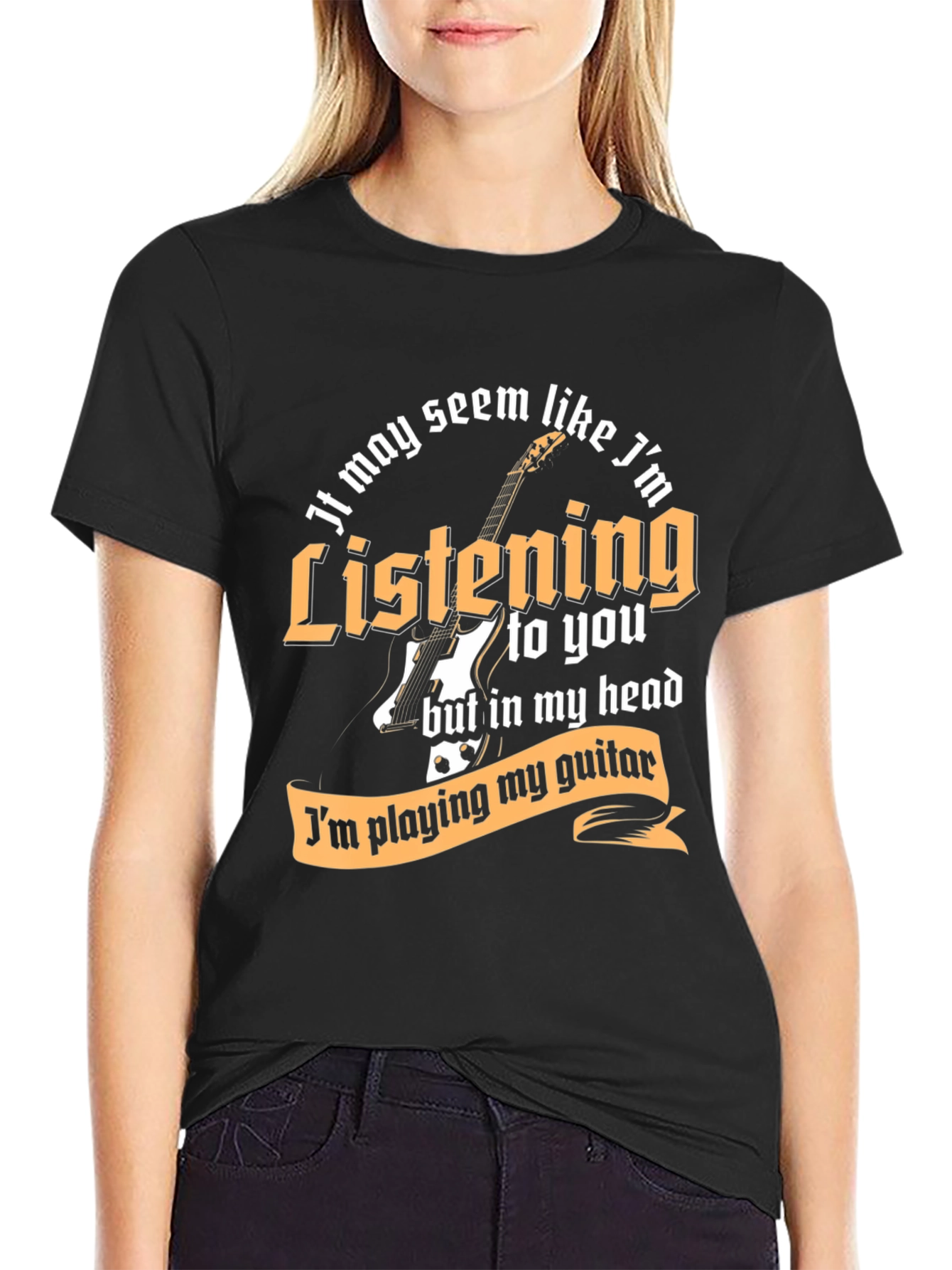 Black Guitar Player Listening Funny T-Shirt view 2