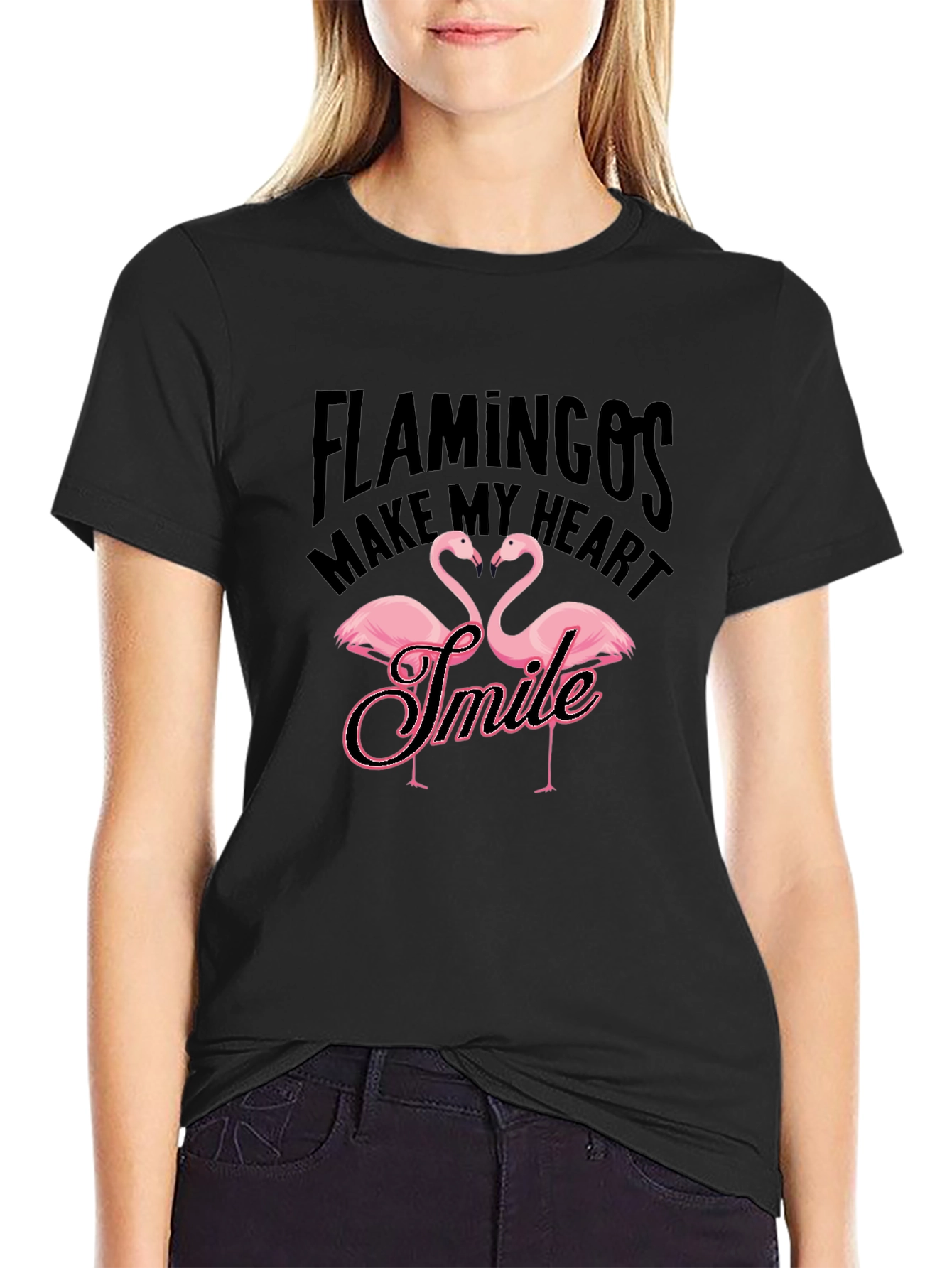 Black Flamingos Make My Heart Smile Black T-Shirt view 2