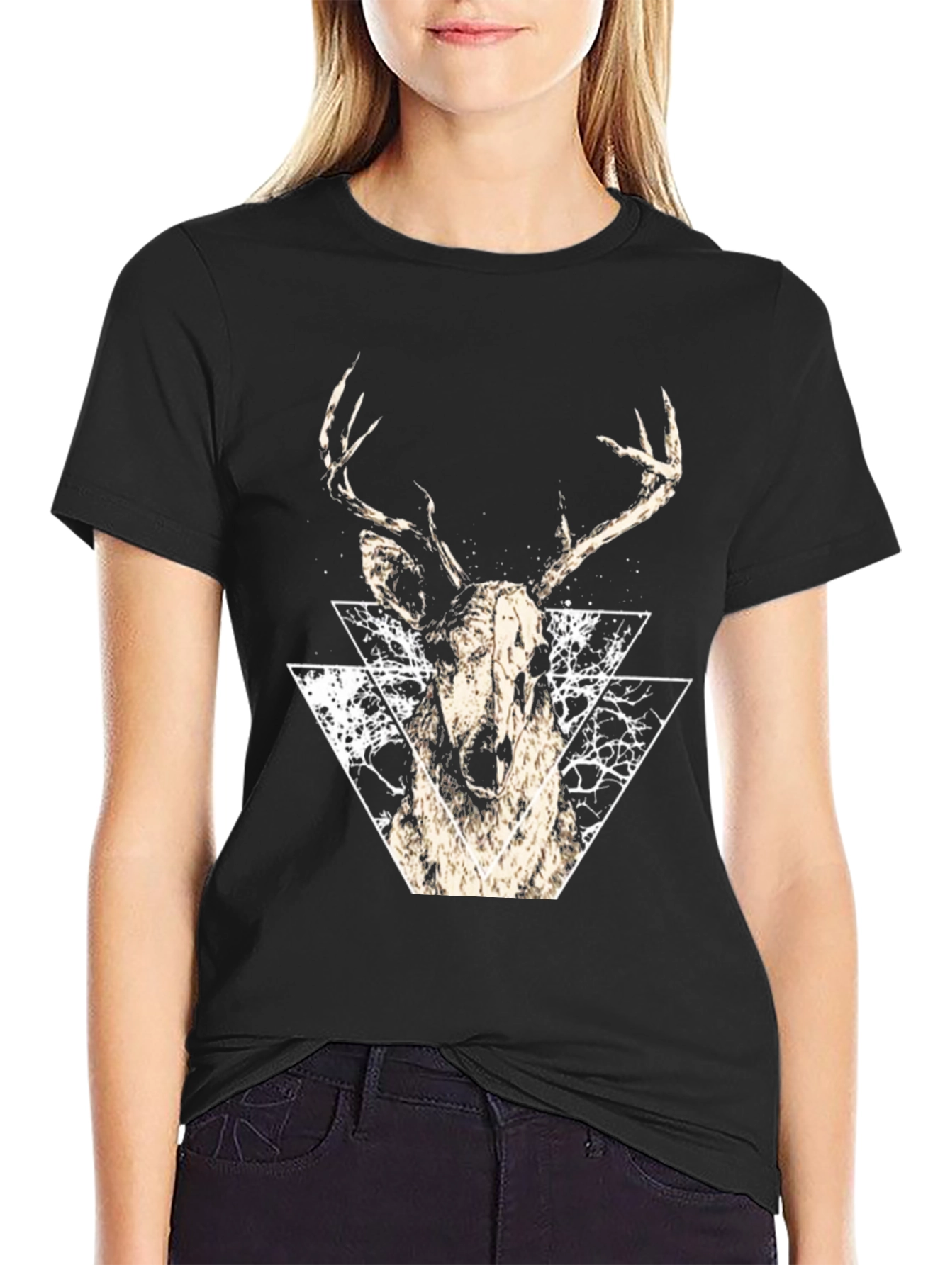 Black Geometric Deer Graphic Tee - Modern Black T-Shirt view 2
