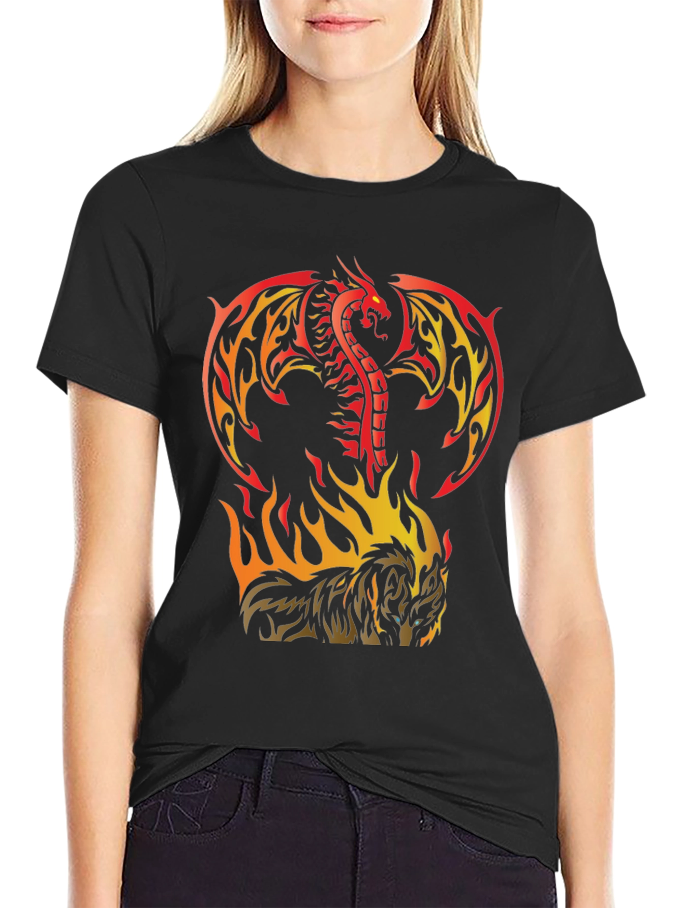 Black Fiery Dragon & Wolf Graphic Black T-Shirt view 2