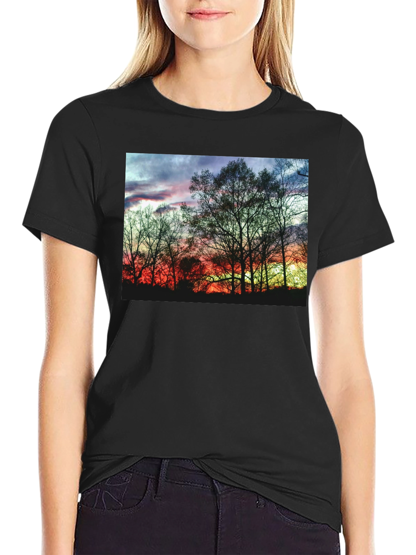 Black Sunset Trees Graphic Black T-Shirt view 2
