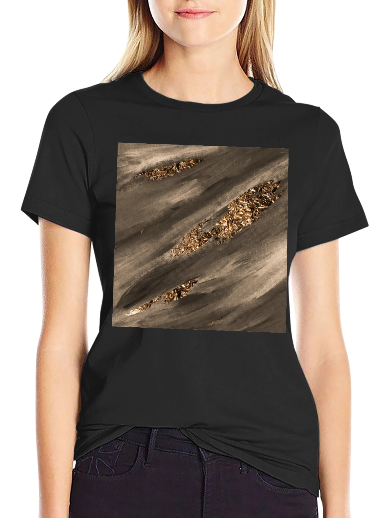 Black Abstract Gold Foil Art Black T-Shirt view 2