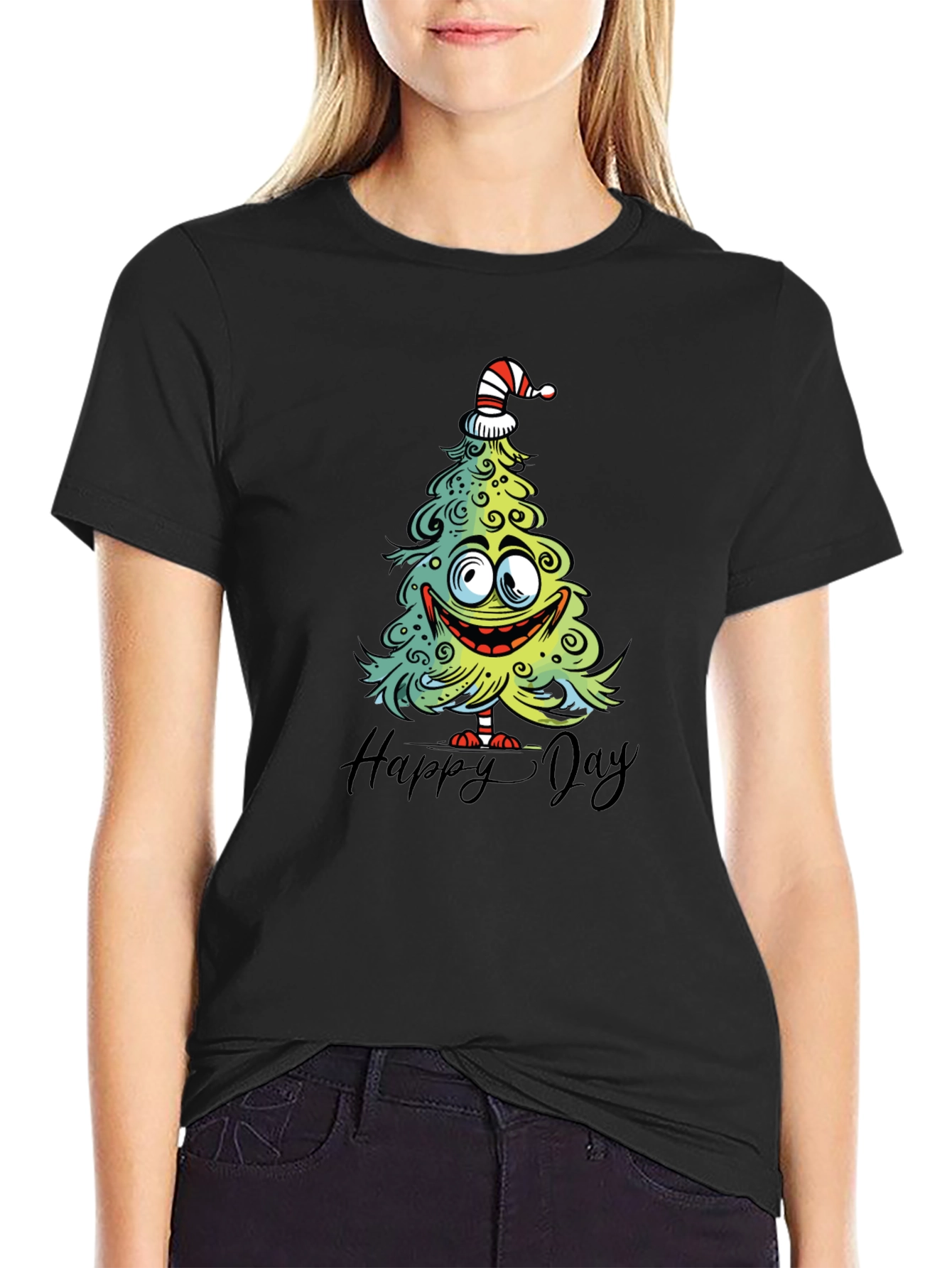 Black Funny Christmas Tree Graphic Tee - Happy Day Shirt view 2