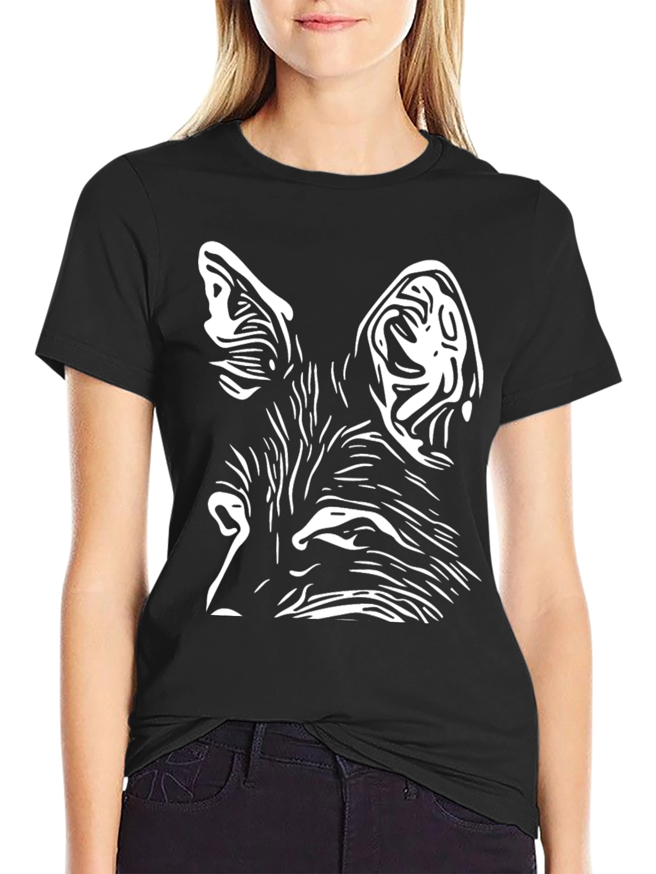 Black Fox Face Graphic T-Shirt - Black Cotton Tee view 2