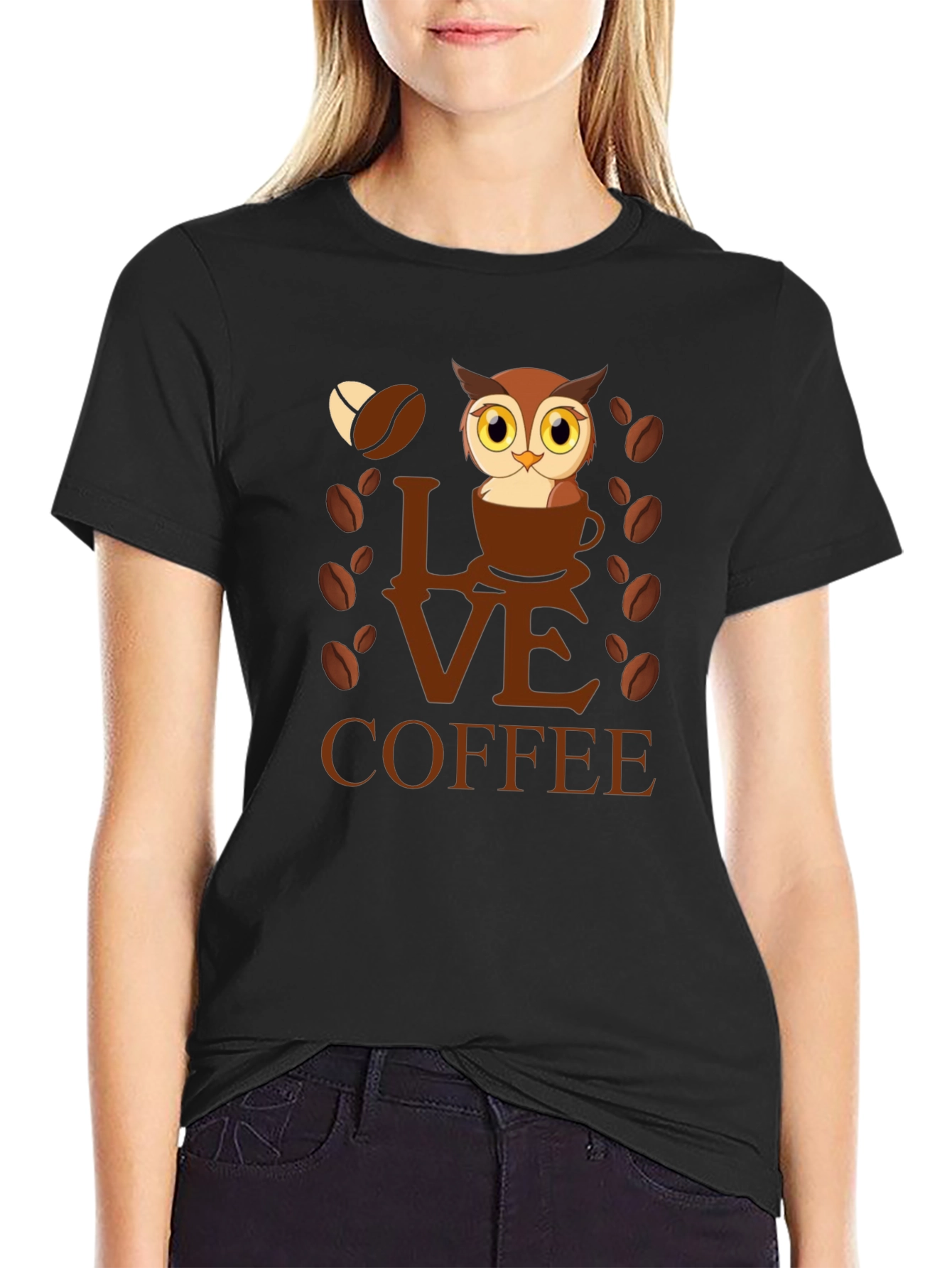 Black Owl Love Coffee Graphic T-Shirt view 2