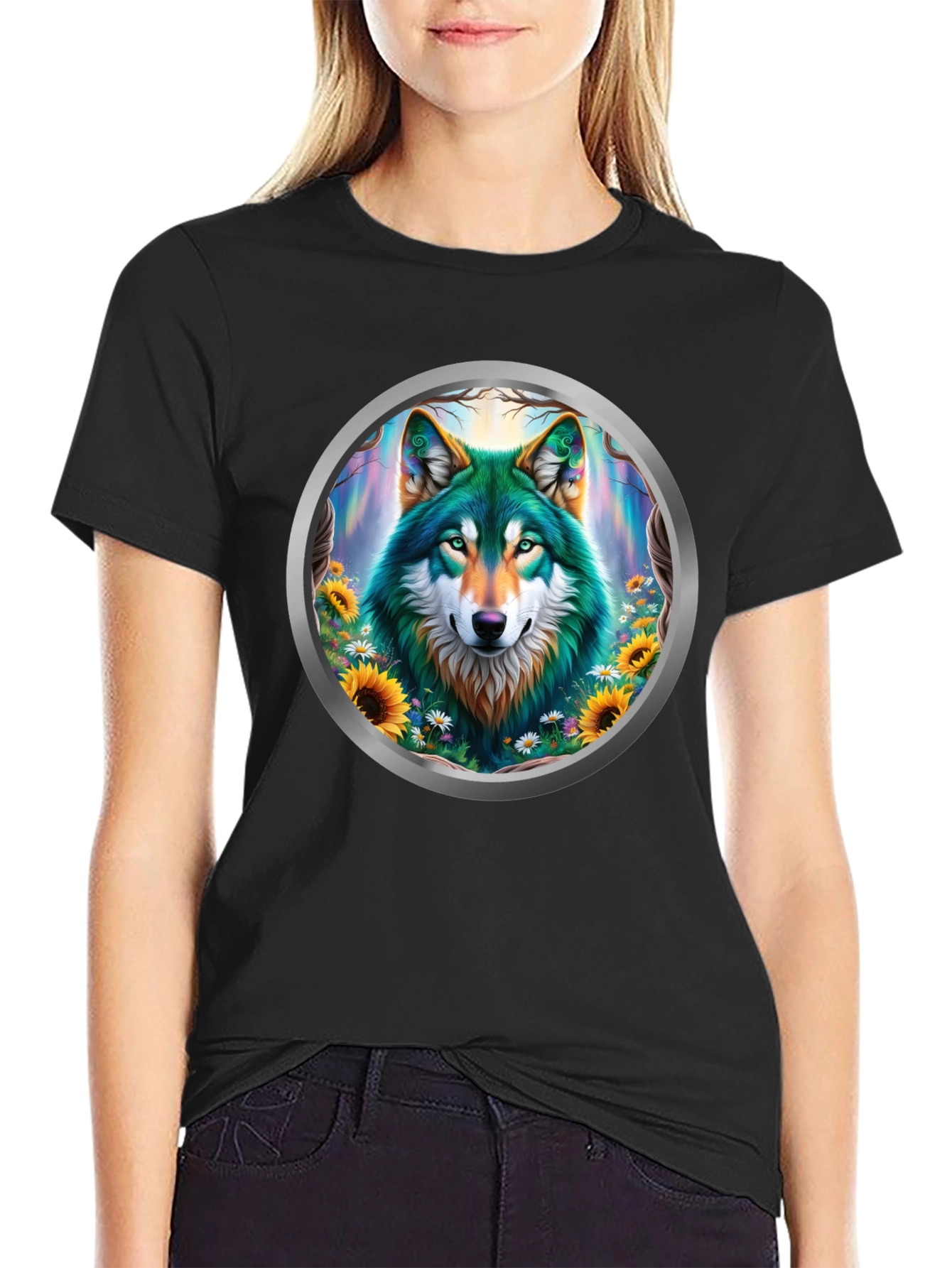 Black Wolf Circle Graphic T-Shirt - Nature Art view 2
