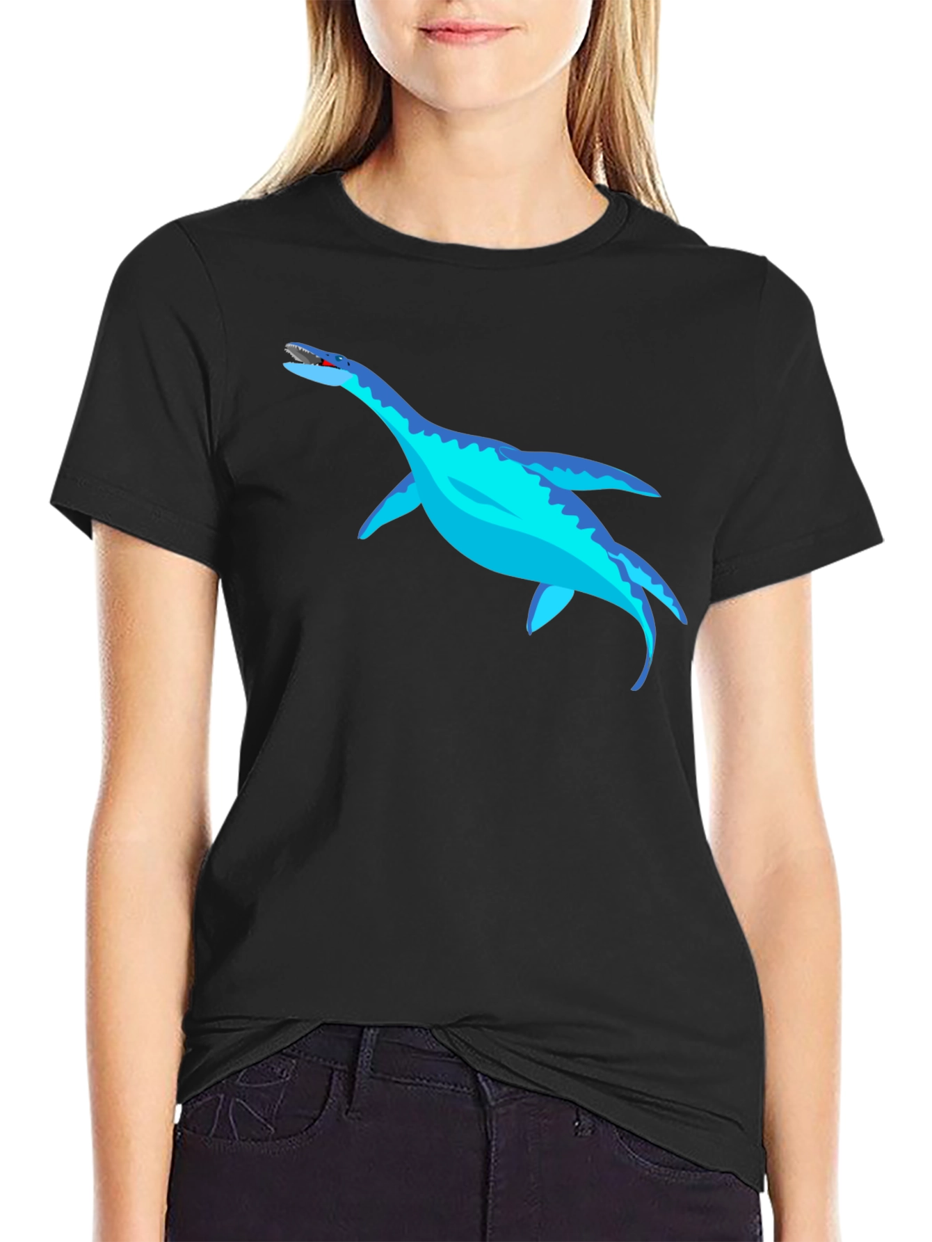 Black Cool Plesiosaur Graphic Tee - Black Cotton T-Shirt view 2
