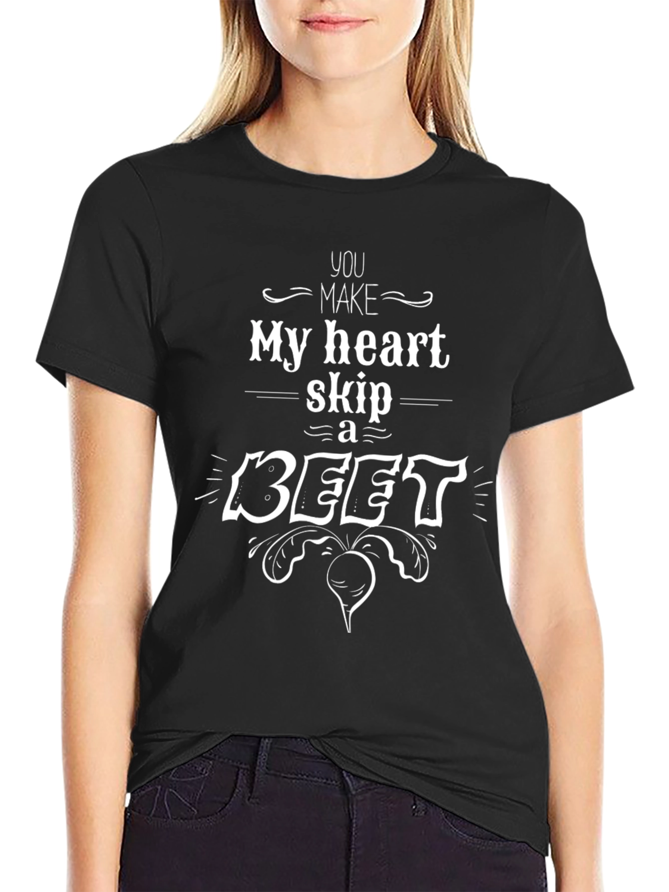 Black Heart Skip a Beet T-Shirt - Pun Lover Gift view 2