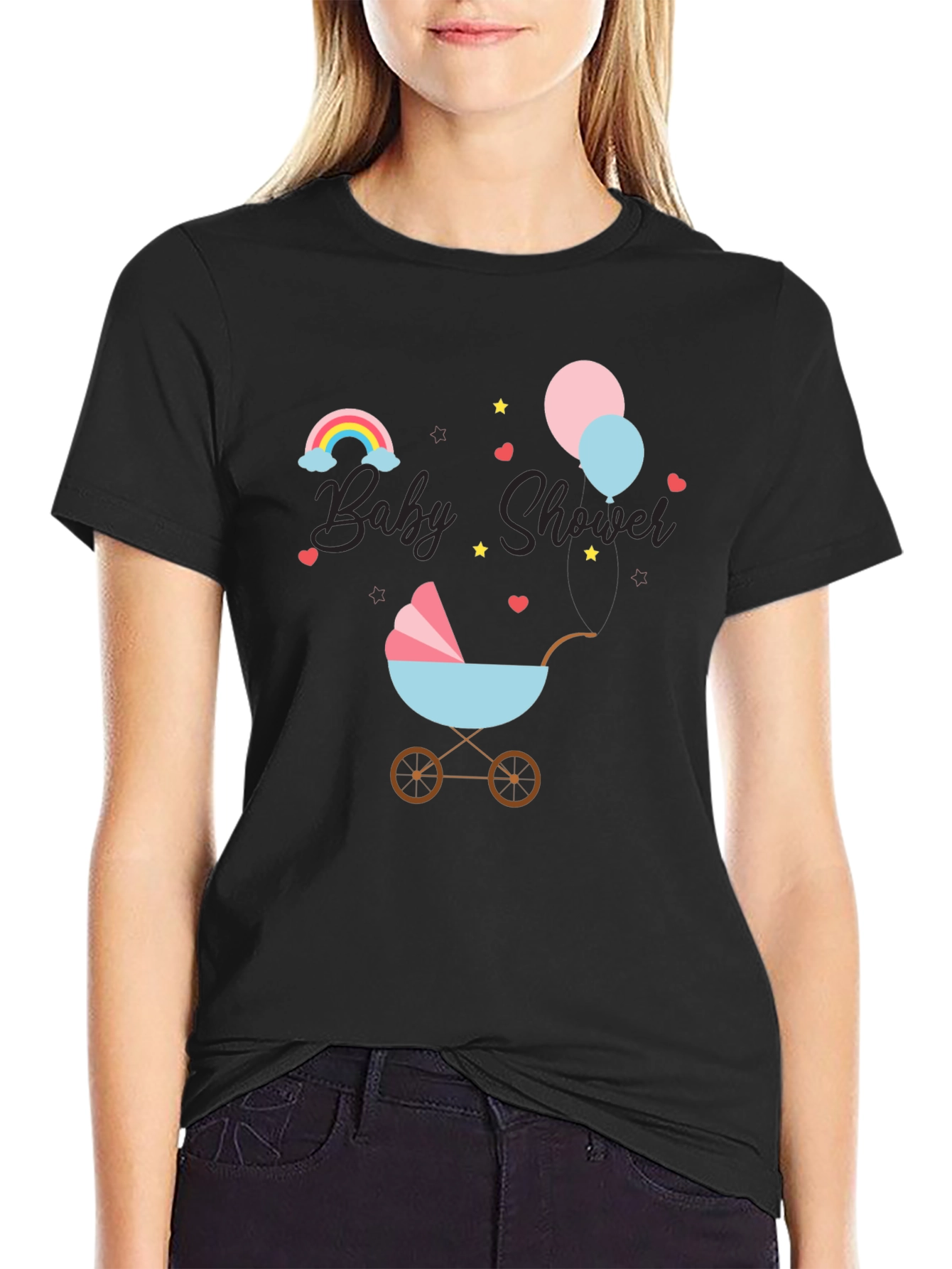 Black Baby Shower T-Shirt with Rainbow & Stroller Design view 2