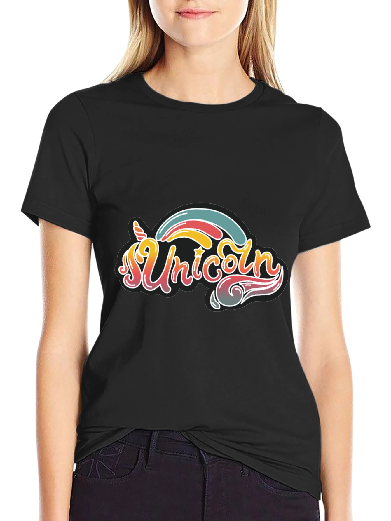 Black Unicorn Rainbow Graphic Tee - Black Cotton T-Shirt view 2