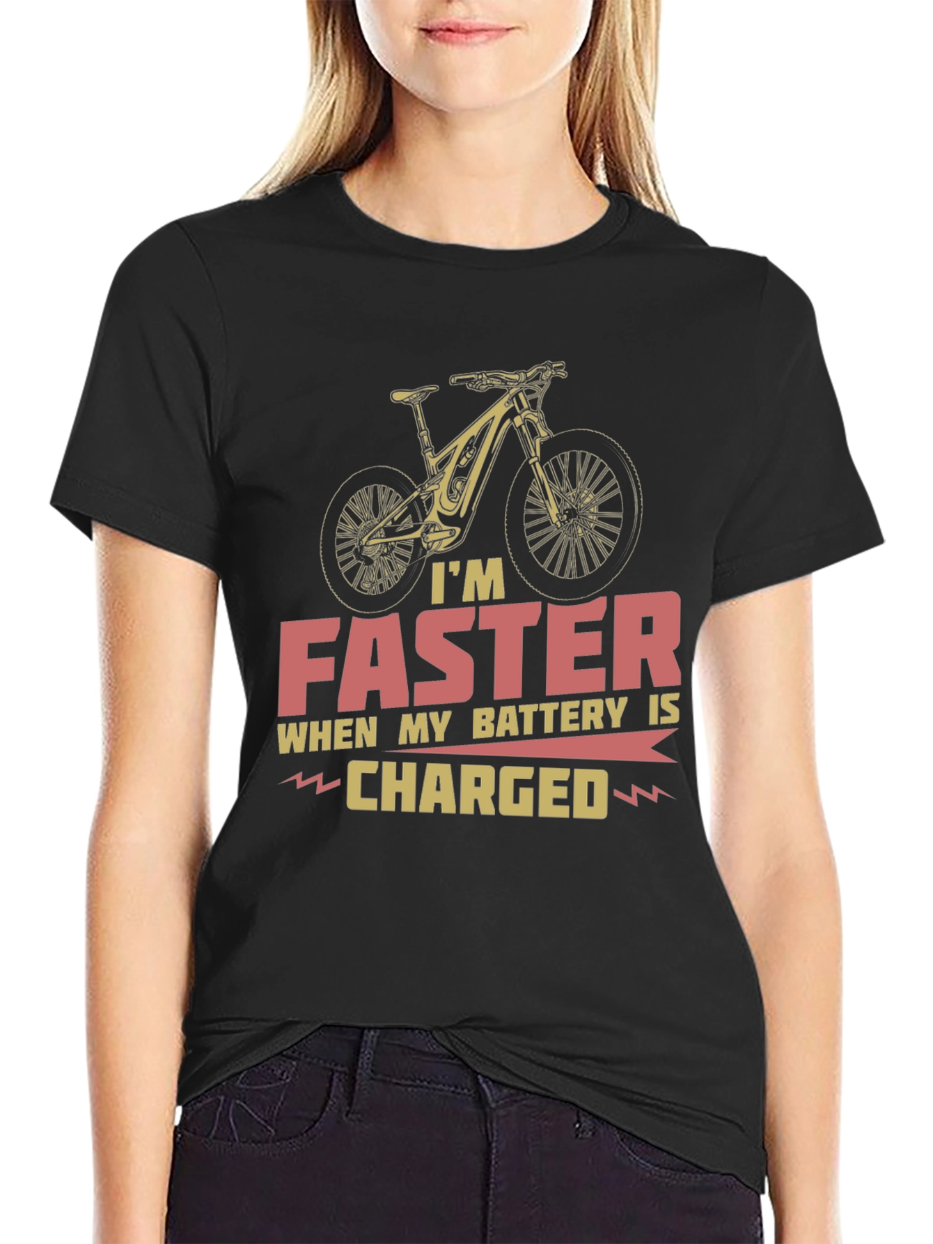 Black Faster When Charged T-Shirt - Electric Bike Design view 2