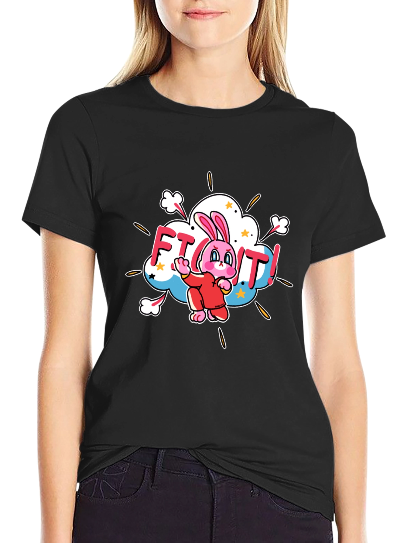 Black Fight! Bunny T-Shirt - Black Cotton Tee view 2