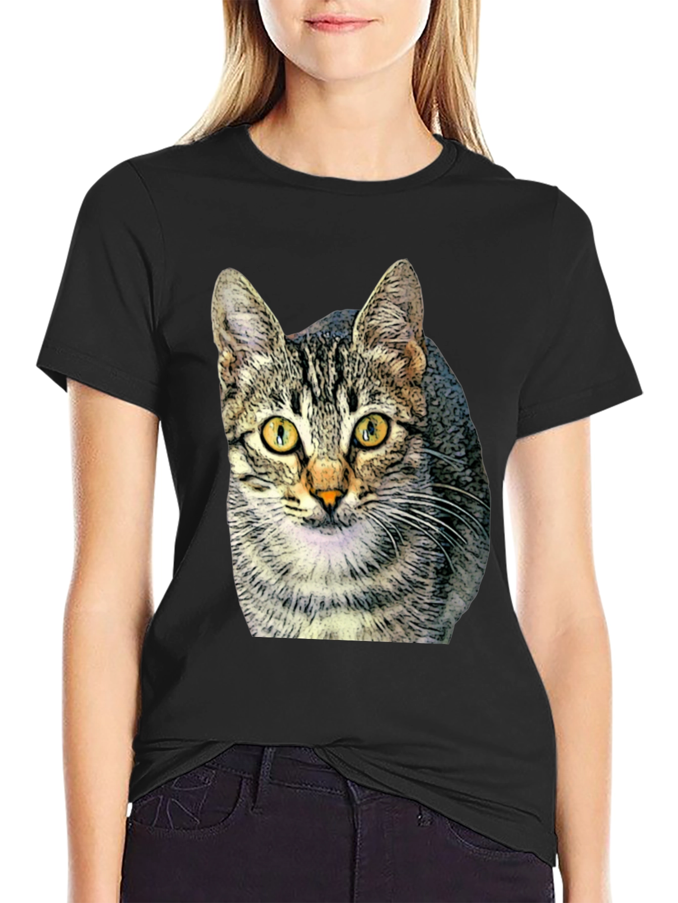 Black Cat Print Black T-Shirt view 2