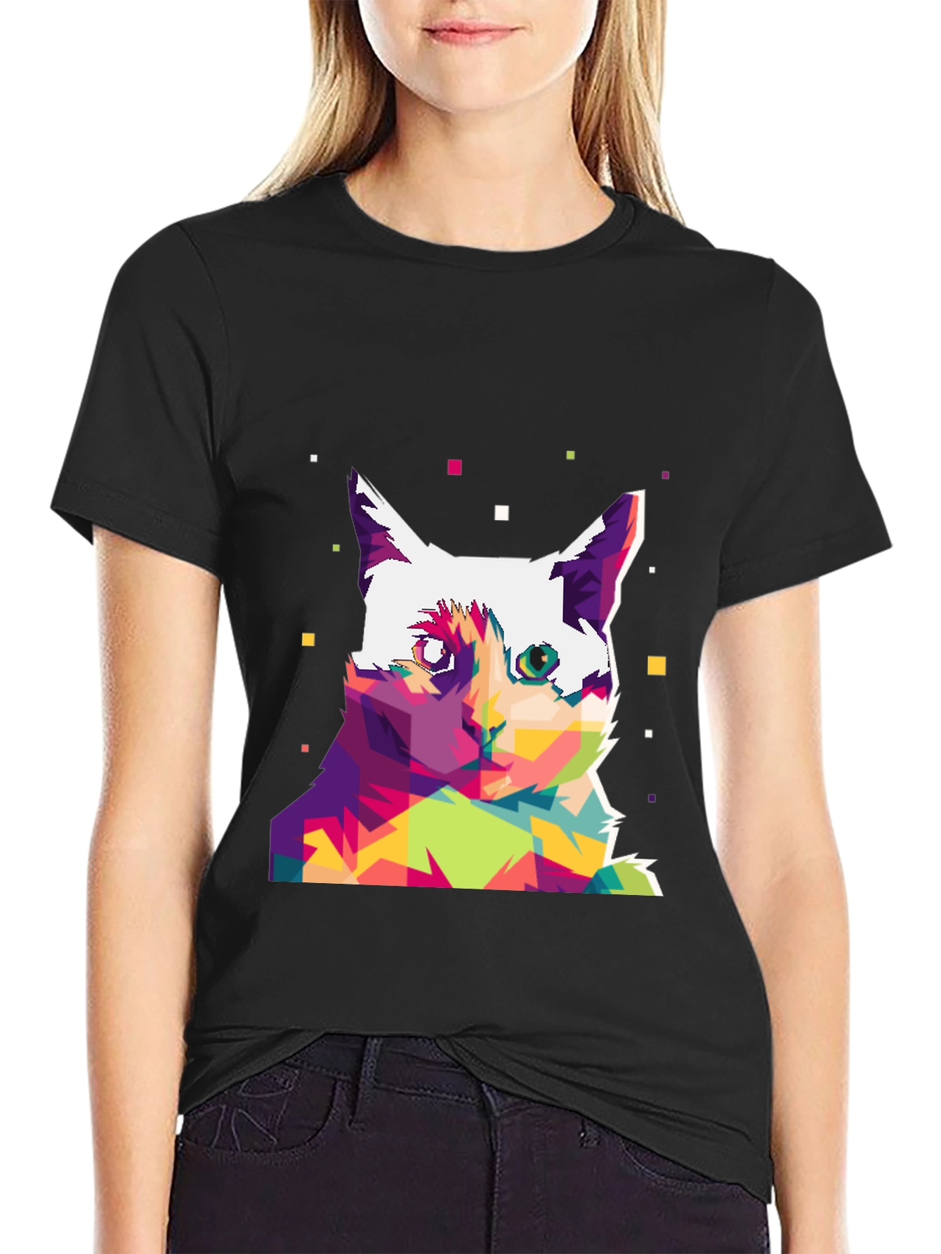 Black Abstract Cat Art Graphic Tee view 2