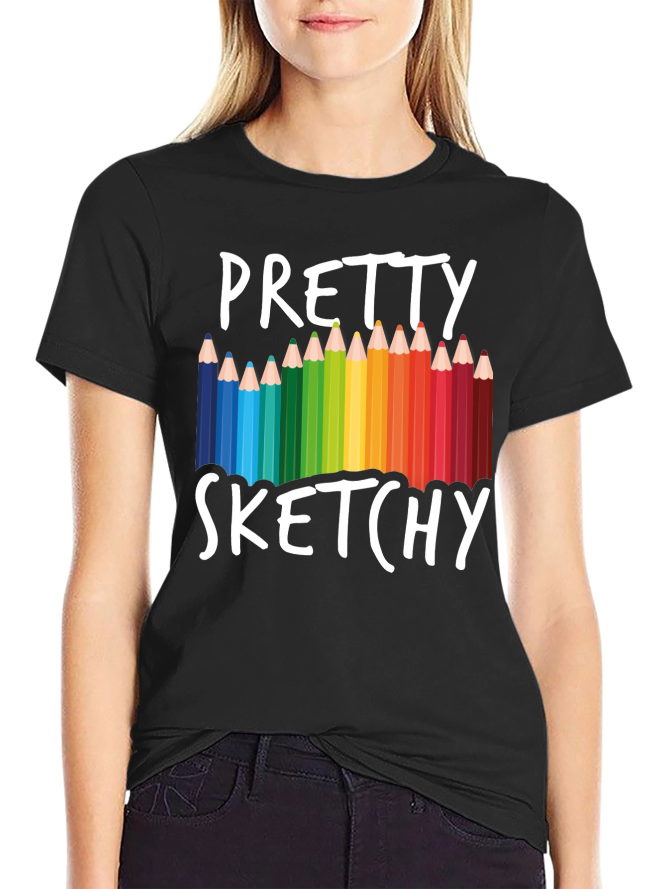 Black Pretty Sketchy T-Shirt, Colorful Pencil Design Tee view 2