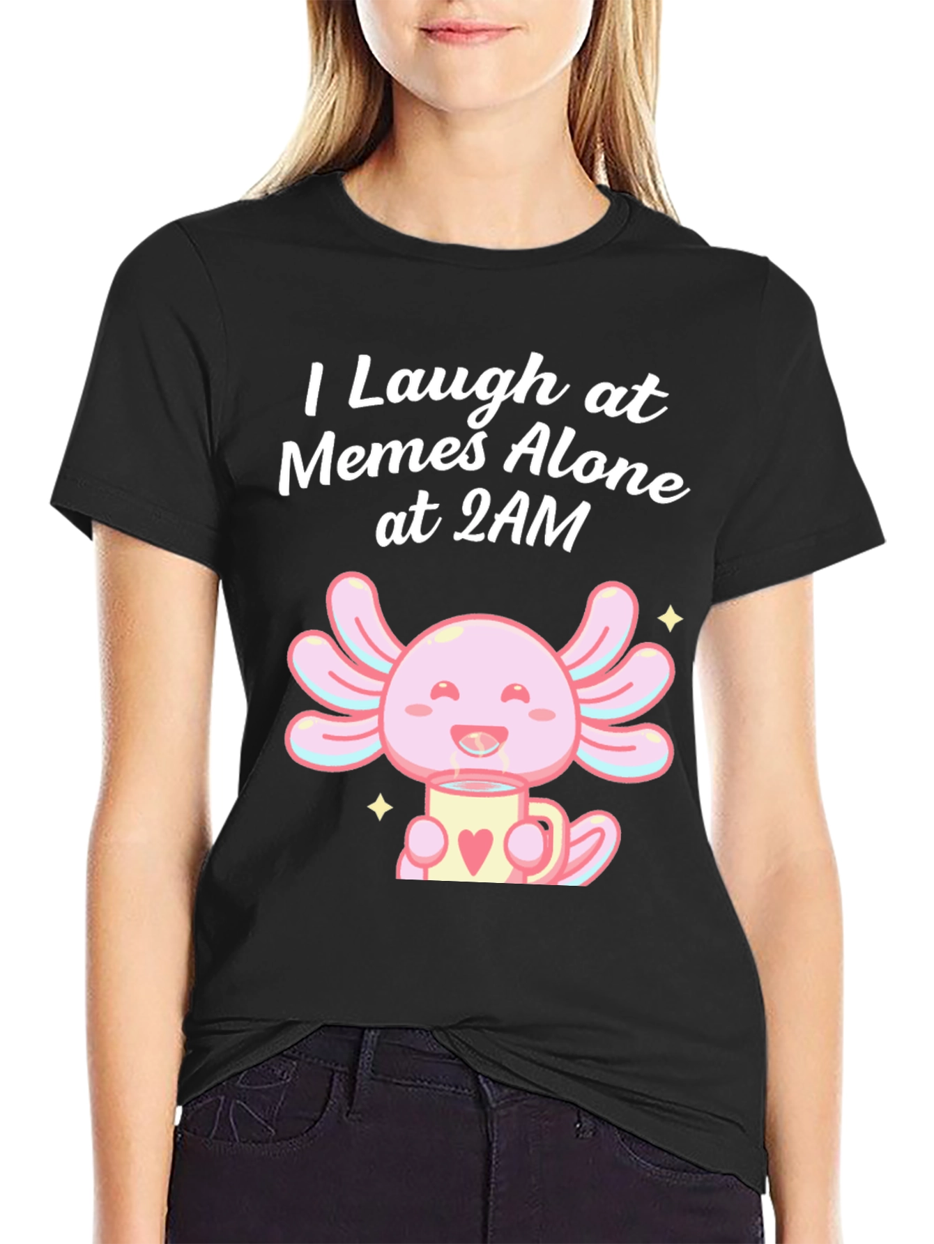 Black I Laugh at Memes Axolotl T-Shirt view 2