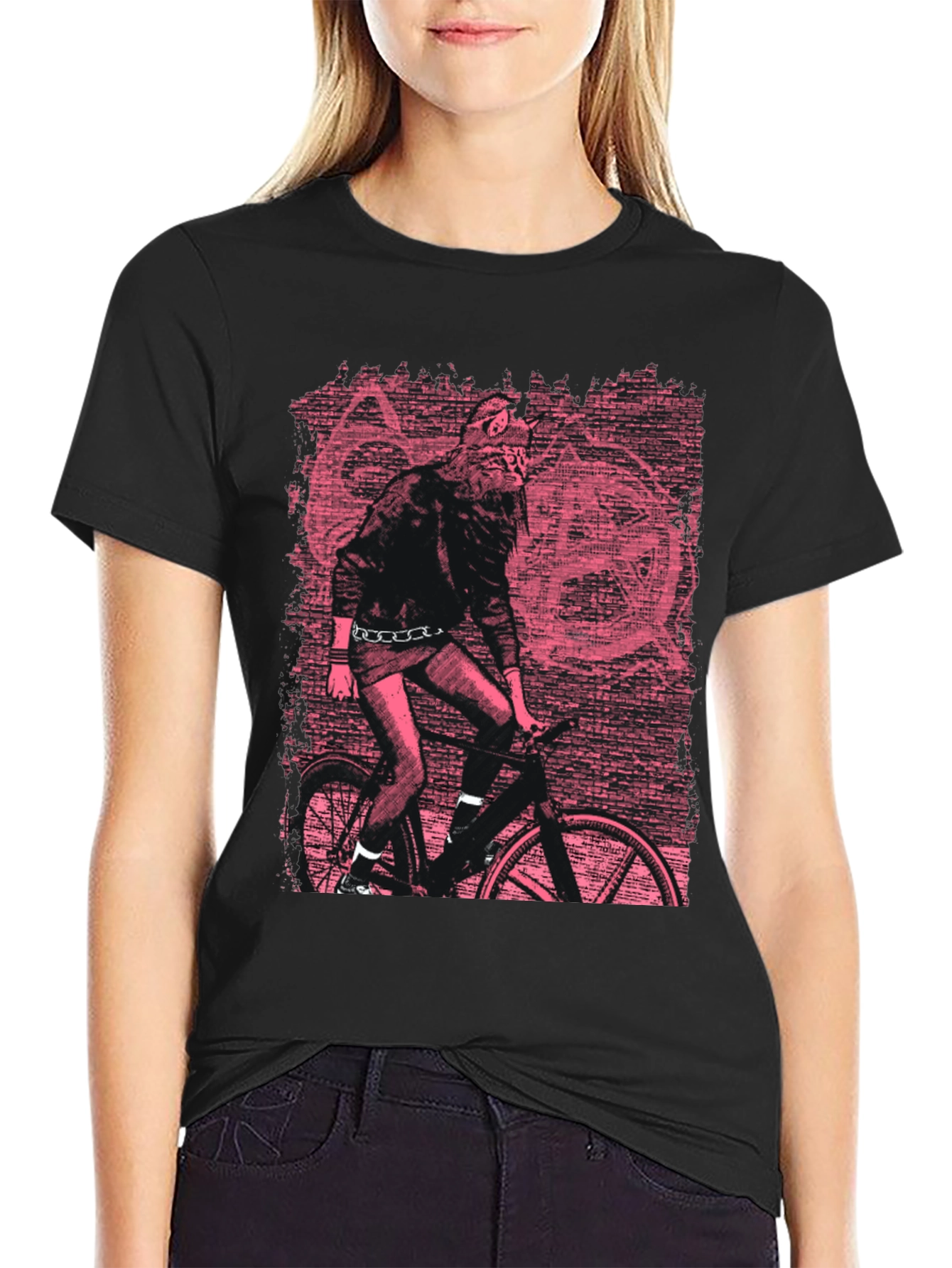 Black Edgy Graphic Tee - Werewolf Biker in Pink view 2