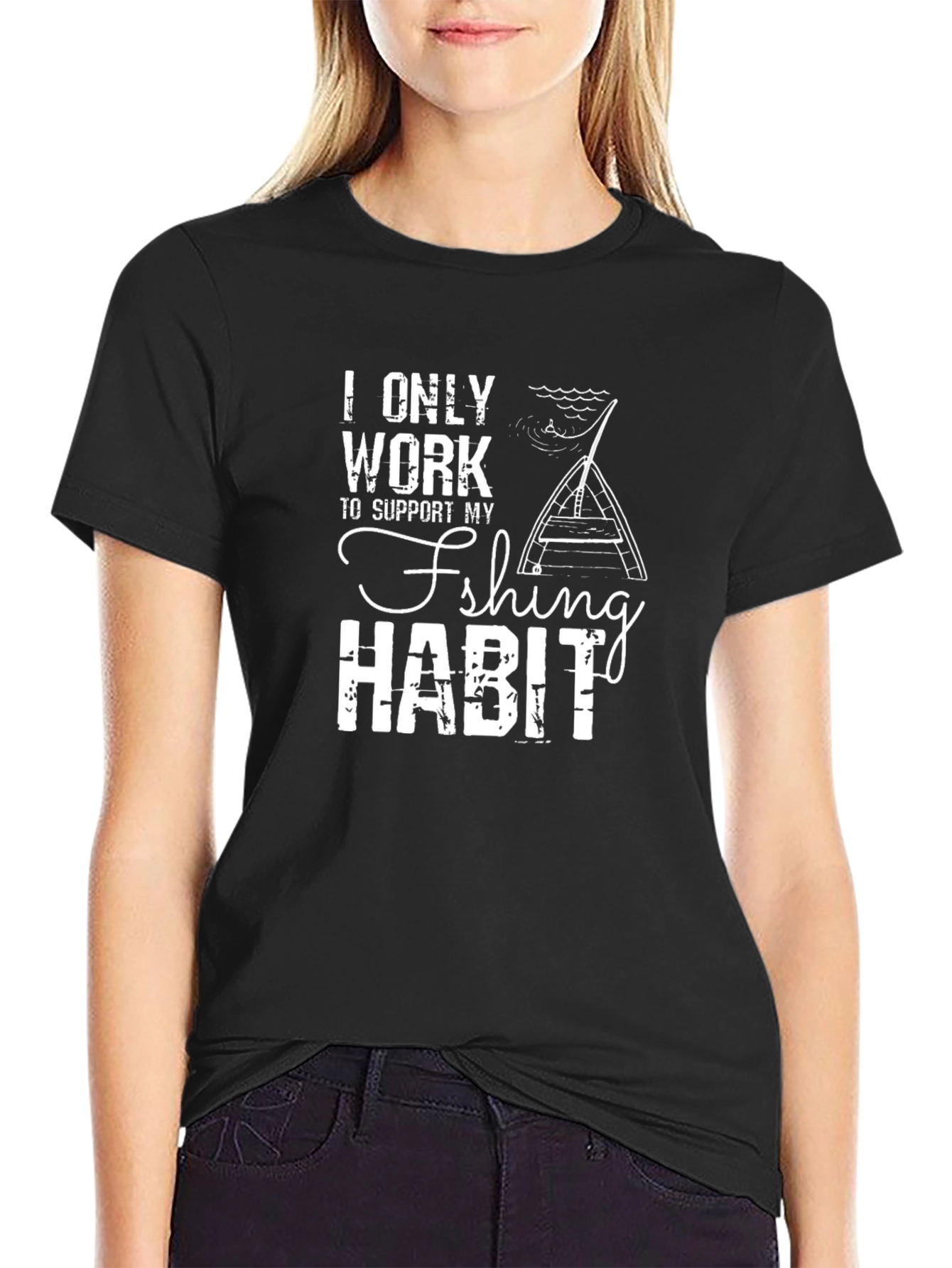 Black Funny Fishing Habit T-Shirt -  I Only Work To Support My Fishing Habit view 2