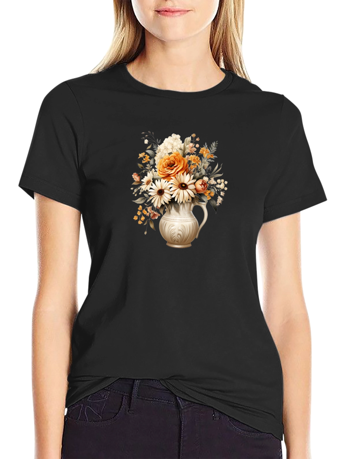 Black Floral Vase Graphic Tee - Stylish Black T-Shirt view 2