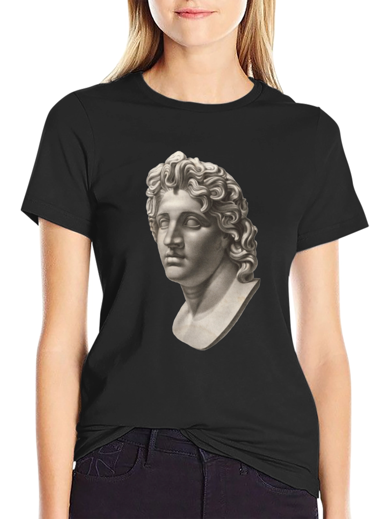 Black Statue Head Graphic Tee - Classic Black Cotton T-Shirt view 2
