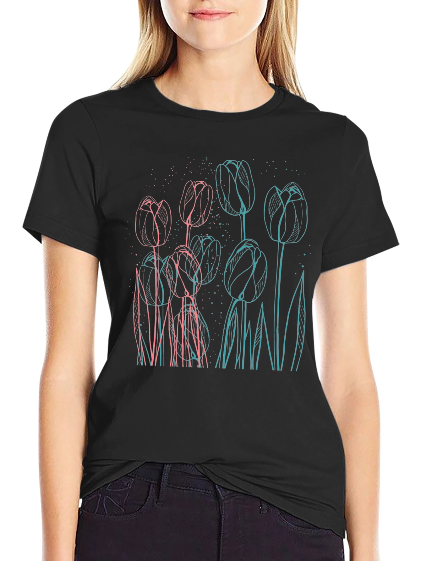 Black Floral Outline Graphic Tee - Modern Style view 2