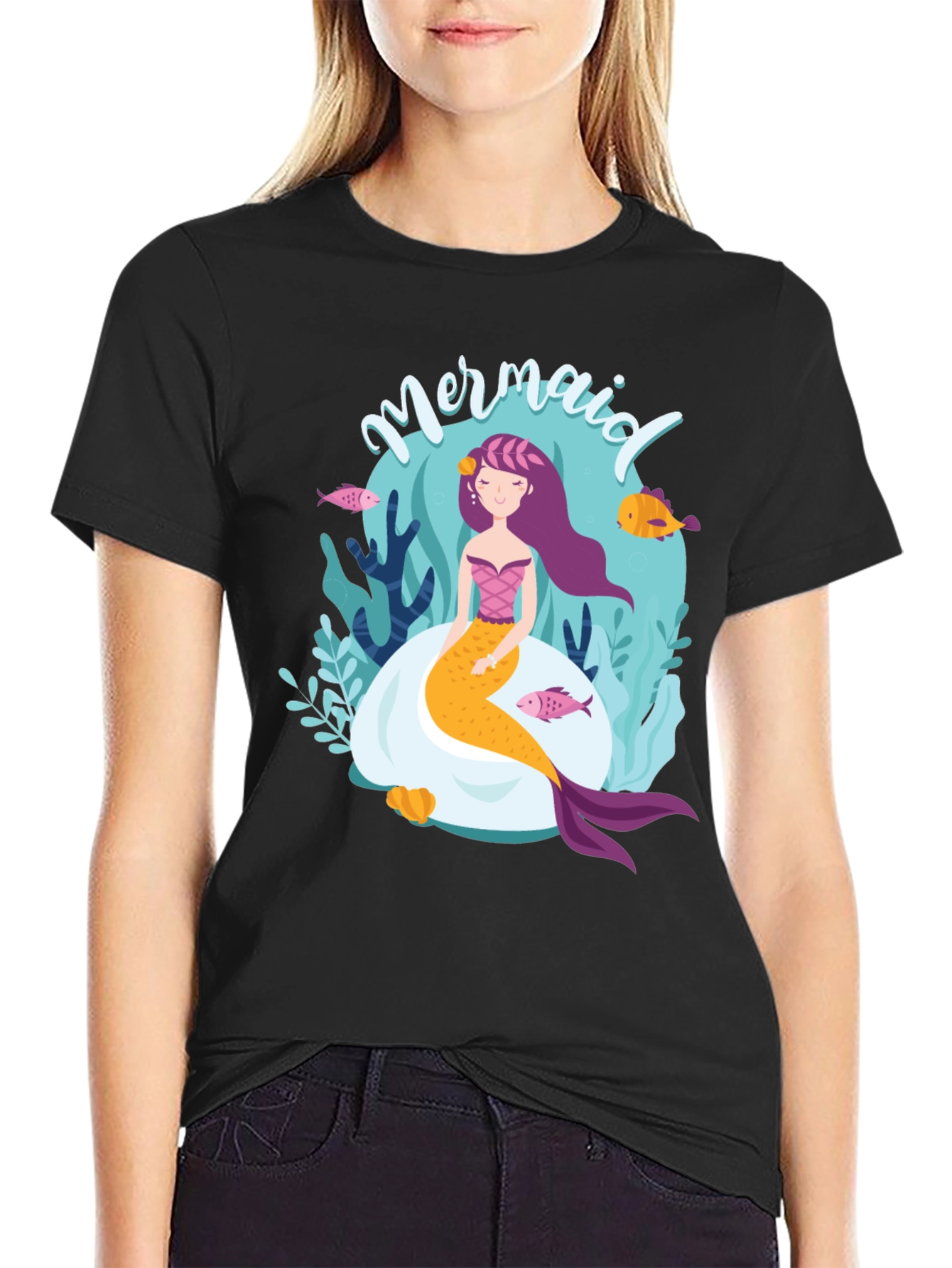 Black Mermaid Graphic Tee - Black Cotton T-Shirt view 2