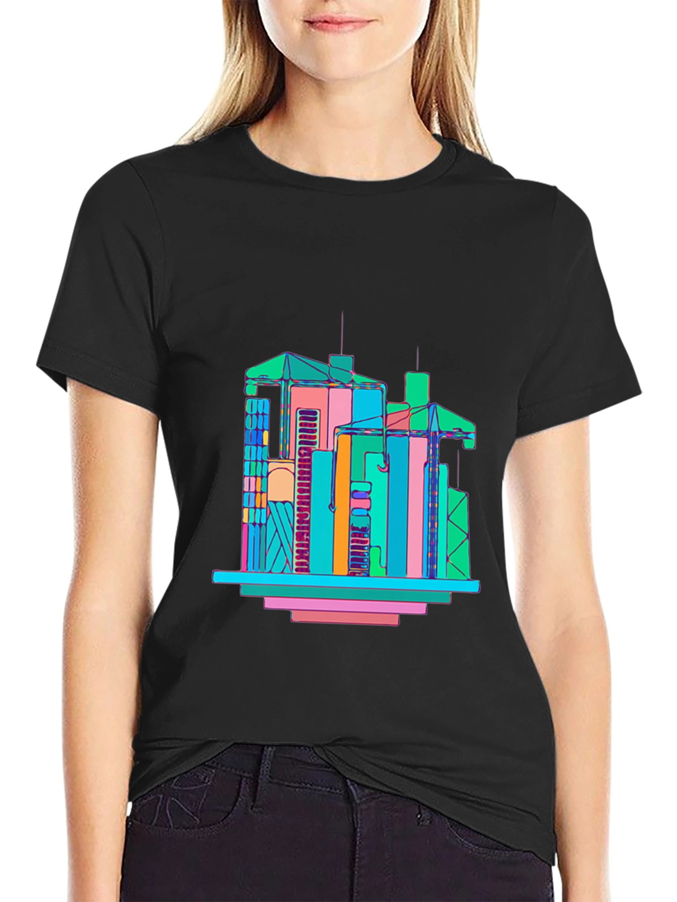 Black Abstract Building Graphic T-Shirt - Men's Black Tee view 2