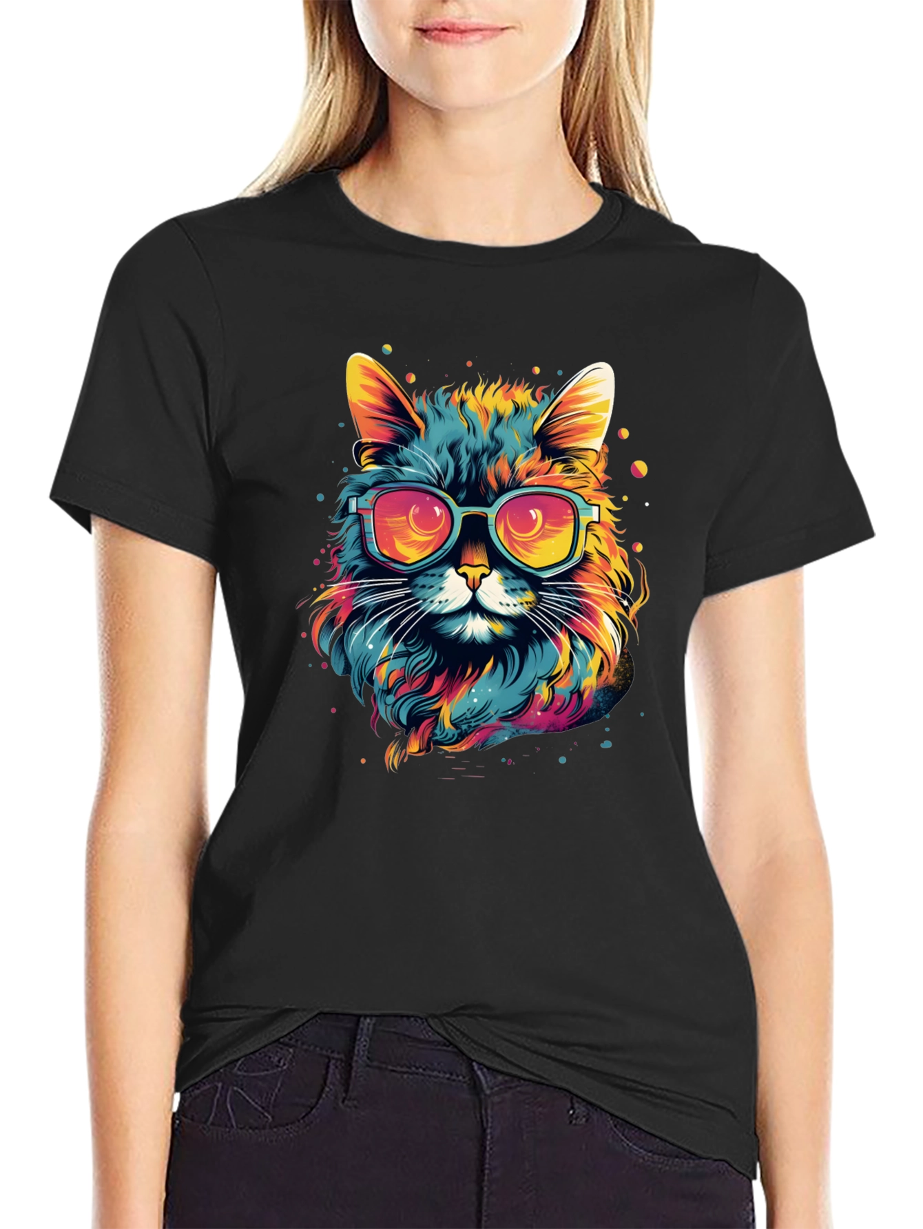 Black Cool Cat Graphic T-Shirt - Colorful Design view 2