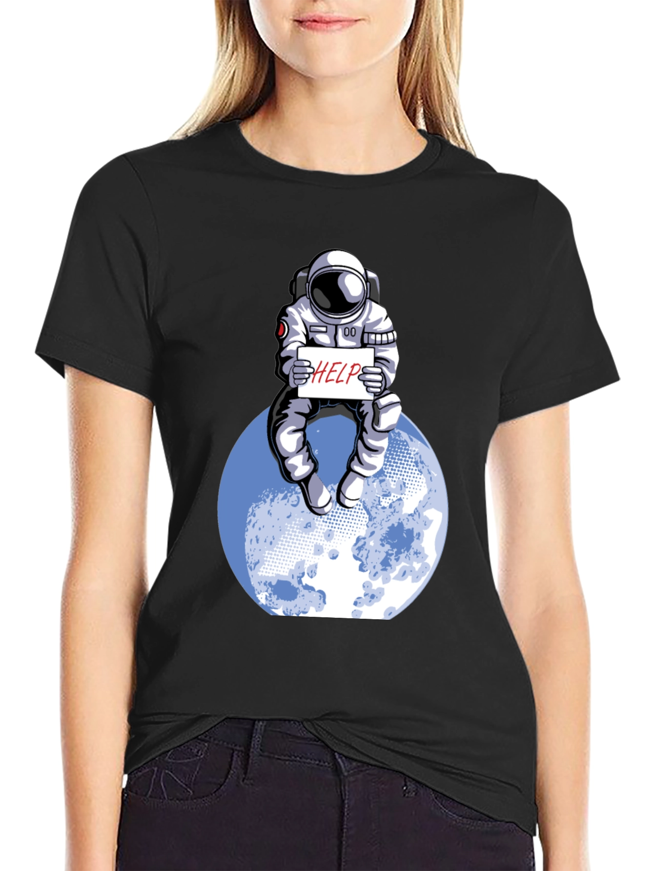 Black Astronaut 'Help' Graphic Tee - Space Humor T-Shirt view 2