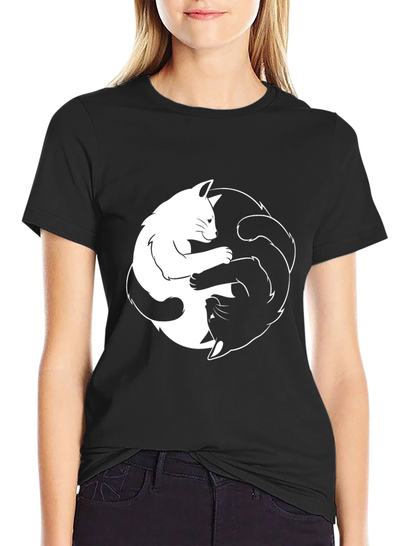 Black Yin Yang Cats Black T-Shirt - Balance & Harmony view 2