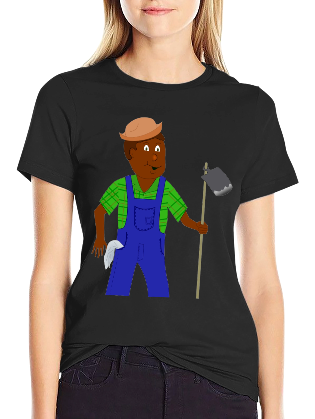 Black Cartoon Farmer Graphic Tee - Black Unisex T-Shirt view 2