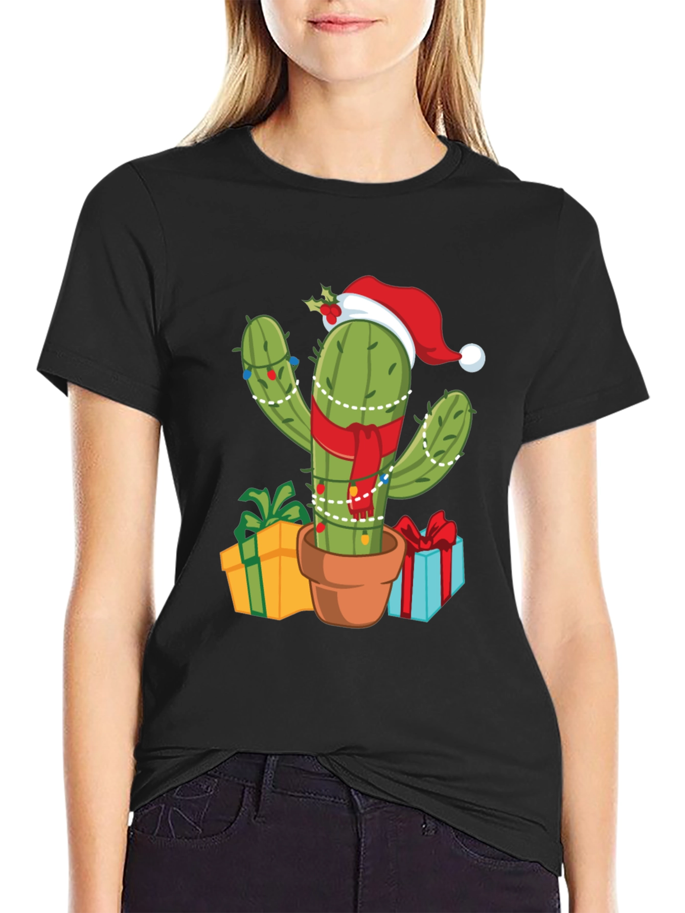 Black Festive Cactus Tee - Holiday Style! view 2