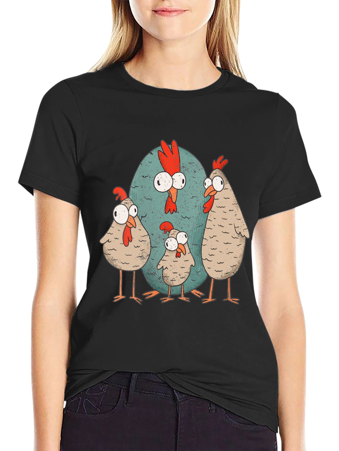 Black Funny Chicken Graphic Tee - Quirky Cartoon Design view 2