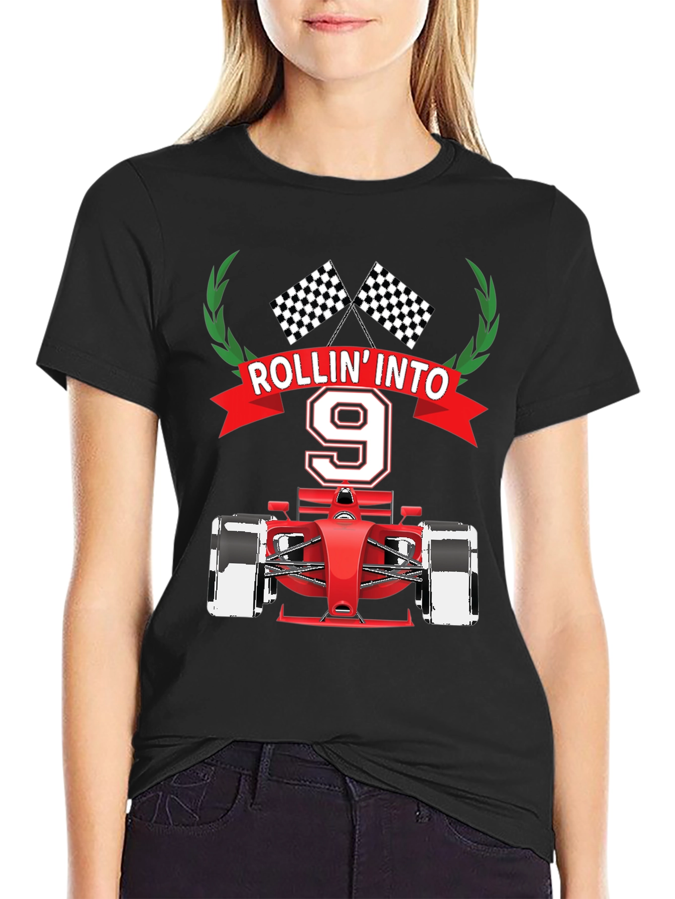 Black Rollin' Into 9 T-Shirt, Race Car Birthday Tee view 2
